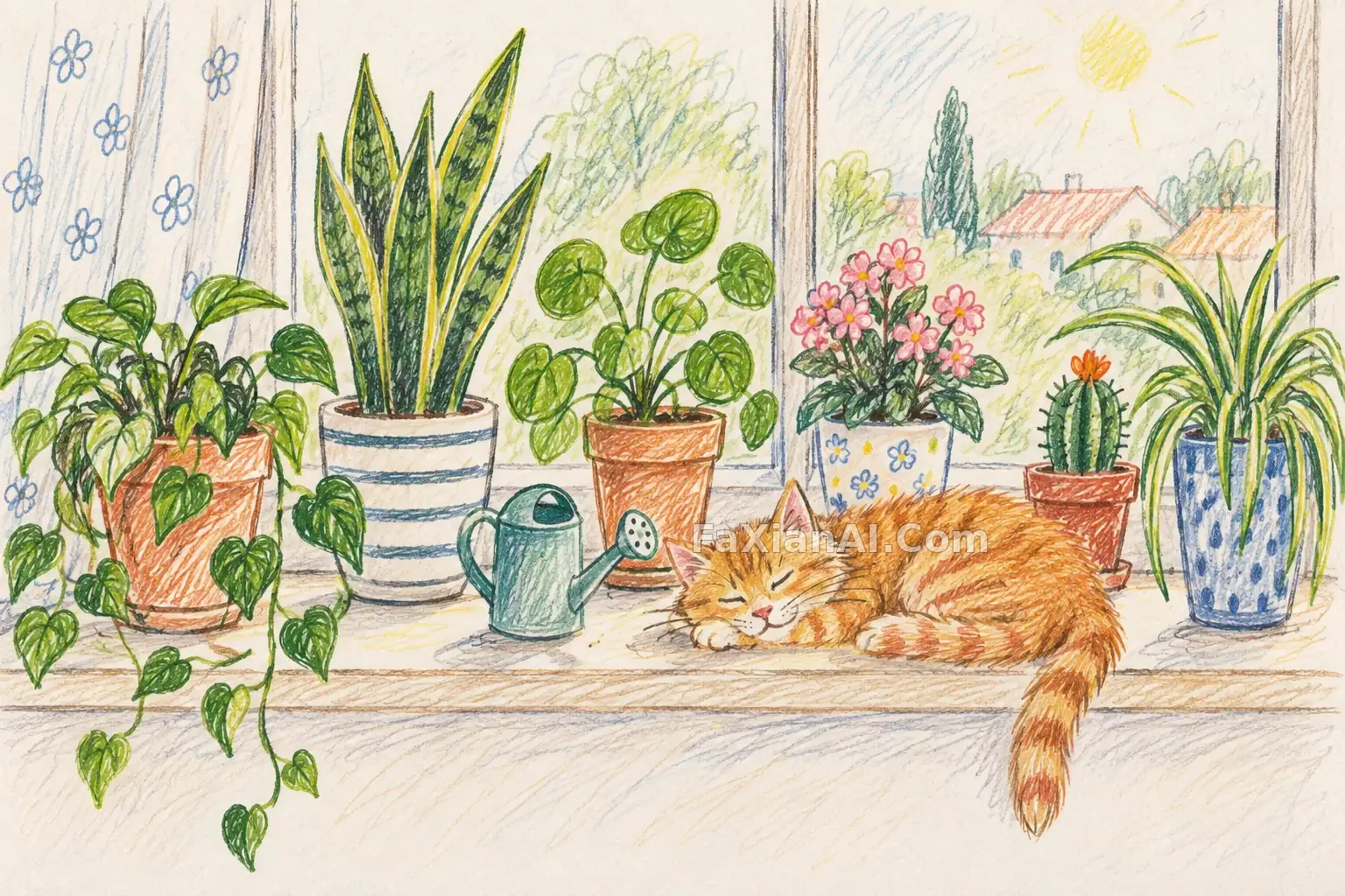 窗台盆栽与橘猫的彩铅涂鸦 · GPT Image 2.5 成图