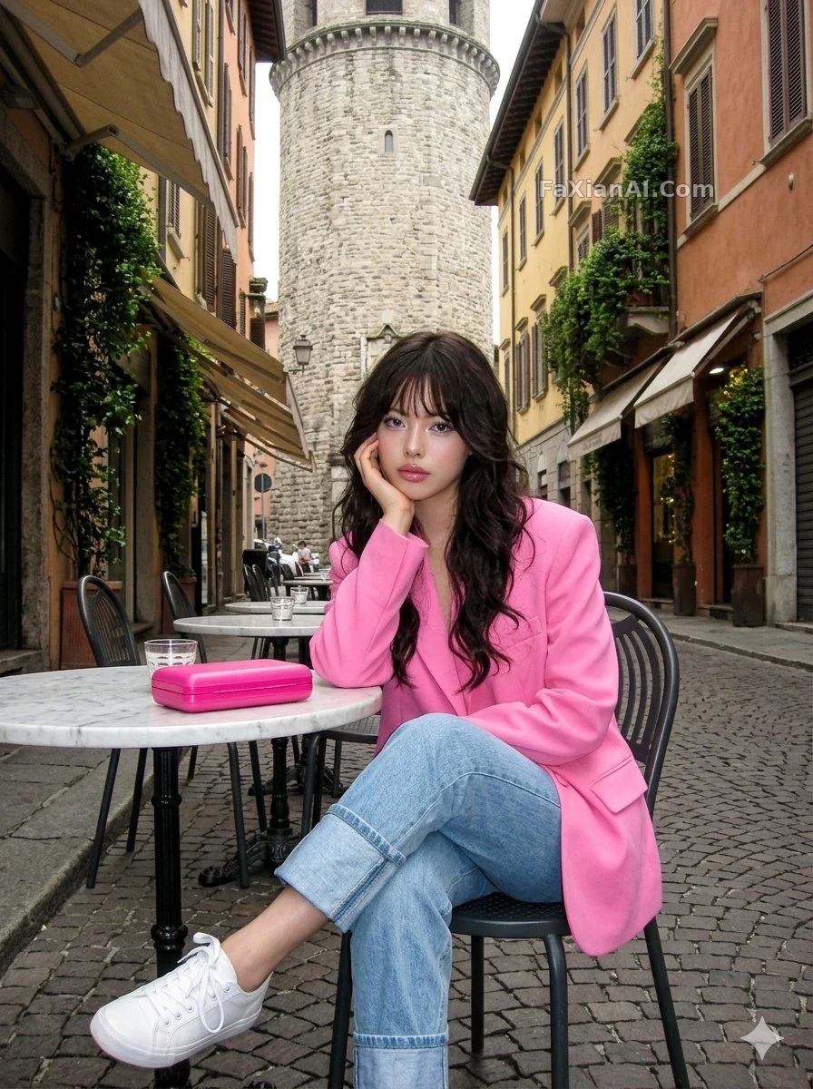 조약돌 거리 모퉁이, 핑크 블레이저에 흰 운동화