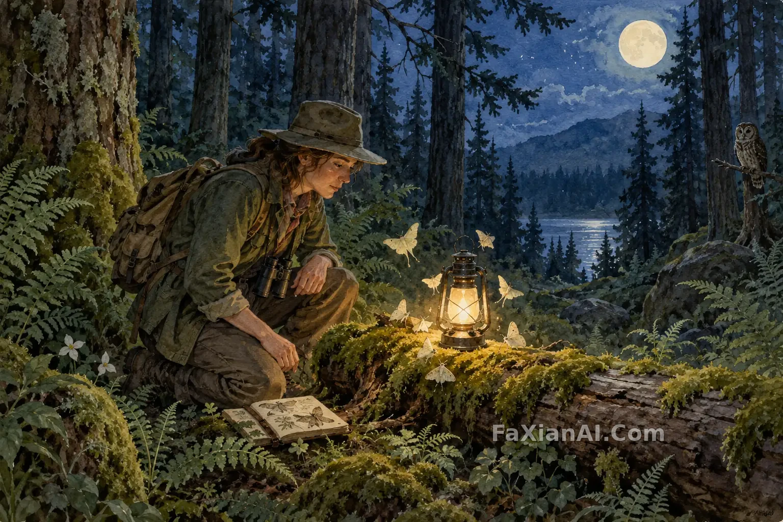 月光森林里，观察者安静等飞蛾靠近灯