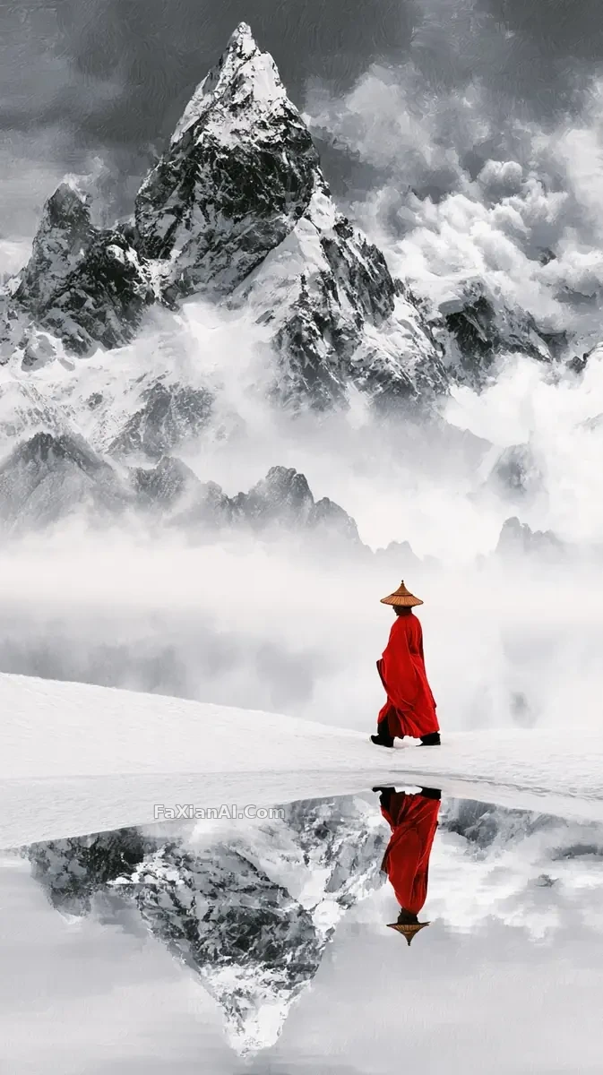 雪山倒映大湖，红衣斗笠人独自走过 · Midjourney 成图