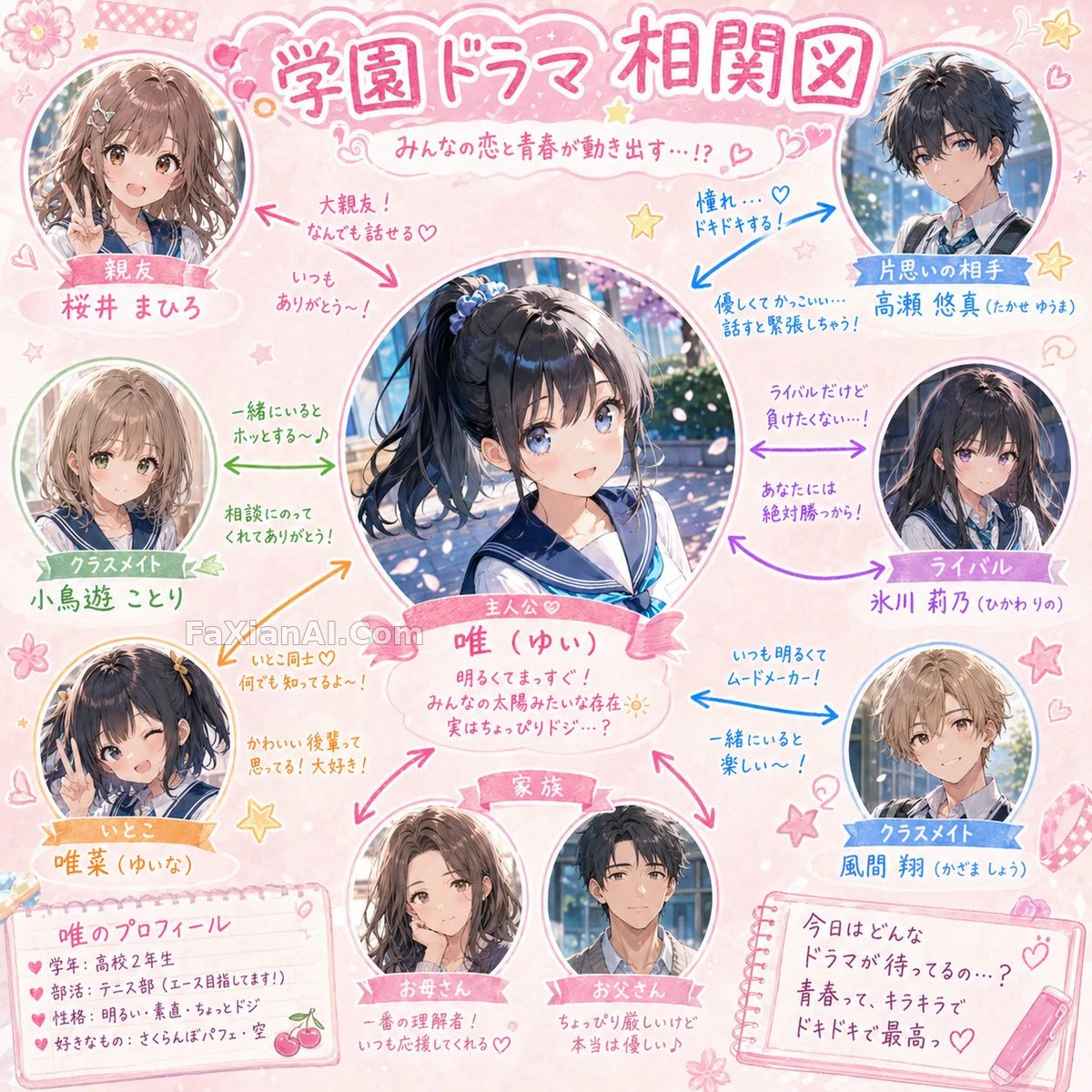 School Drama Relationship Chart, Pink Arrows Linking the Class