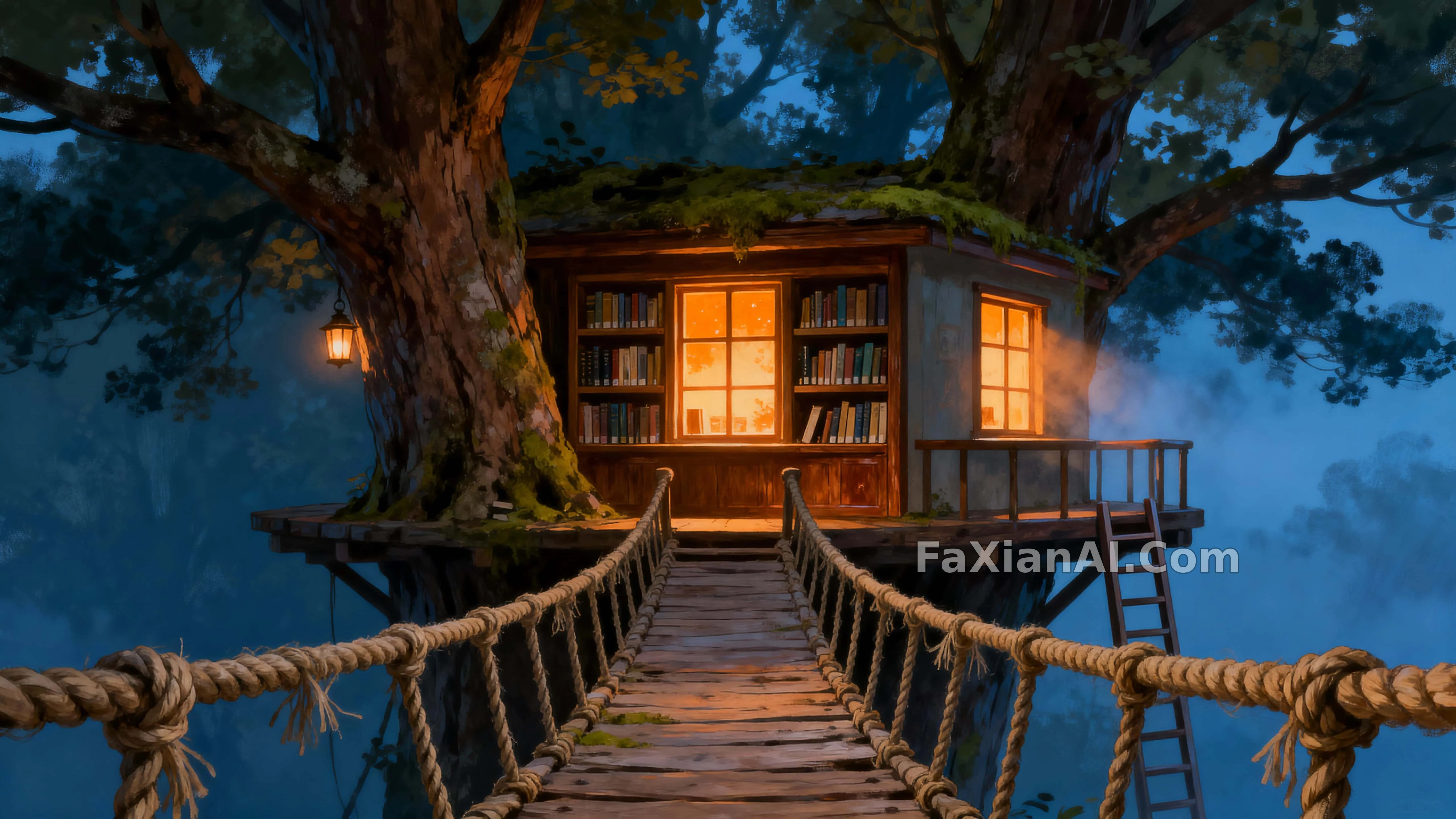 两棵树夹住的,两层小图书馆