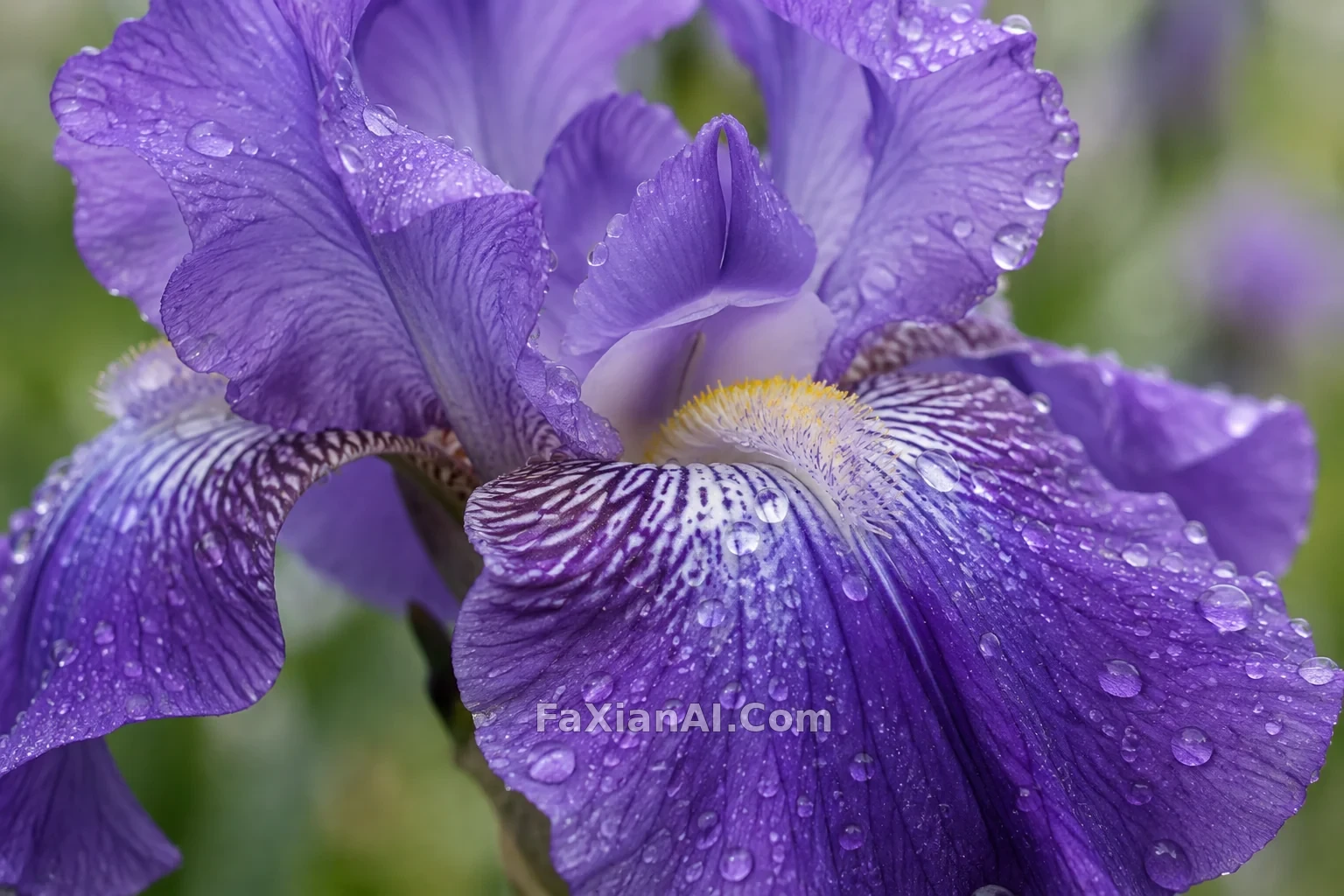 鸢尾花露珠的微距宇宙 · GPT Image 2.5 成图