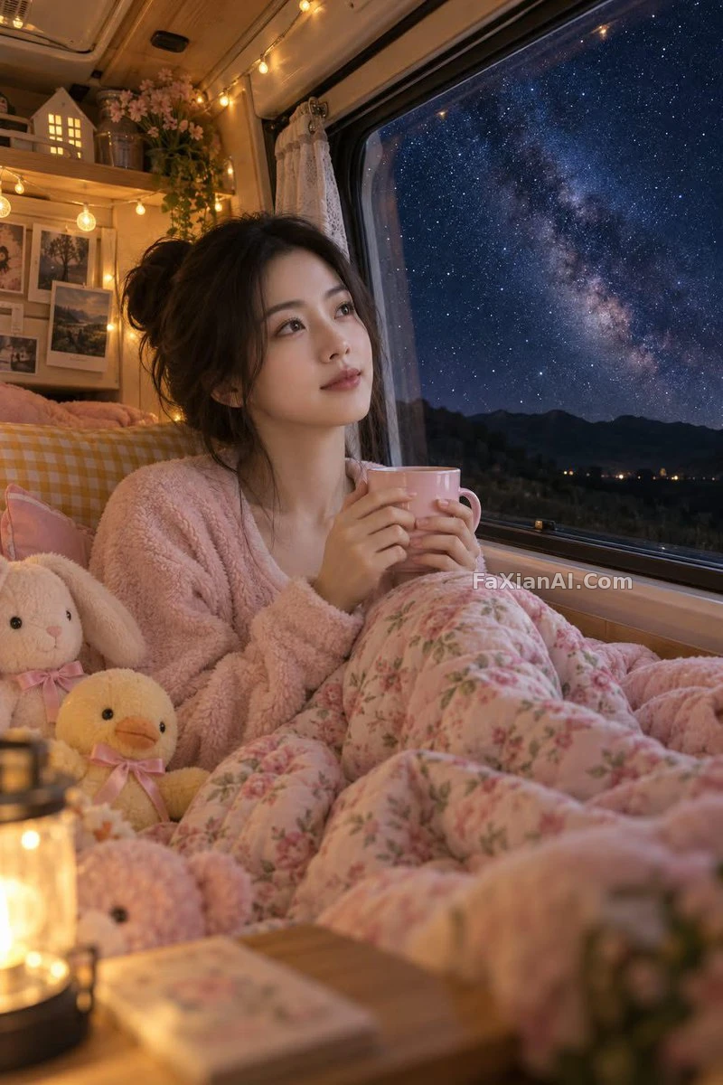 房车夜窗，粉毯裹住的银河片刻 · GPT Image 2 成图