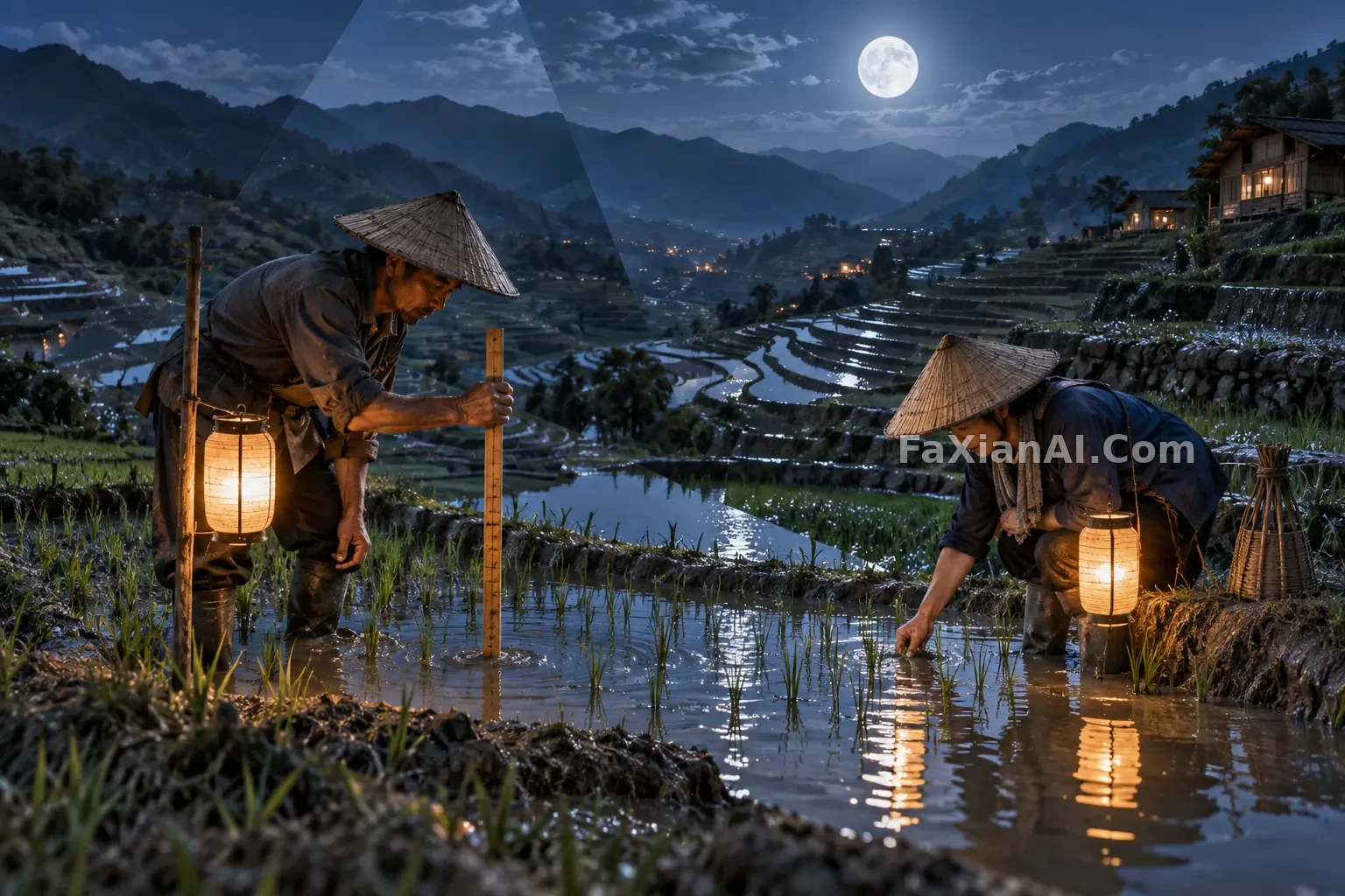 稻田灯笼下的夜间测水 · GPT Image 2.5 成图