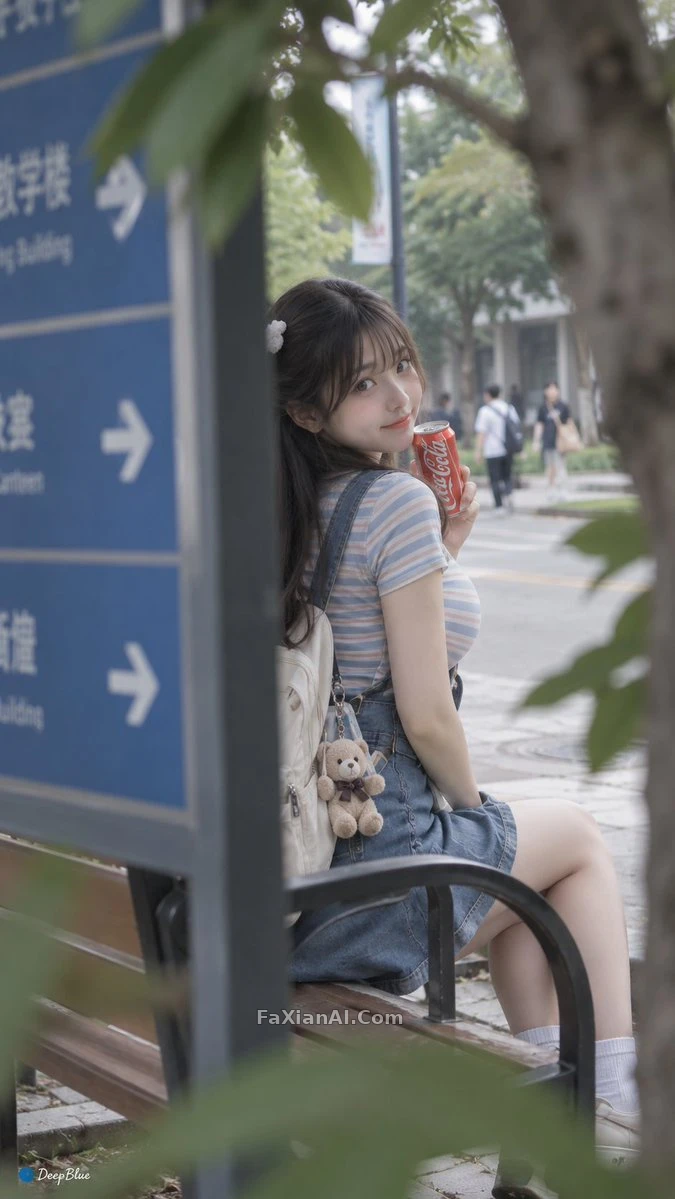 路牌后偷拍的校园抓拍感