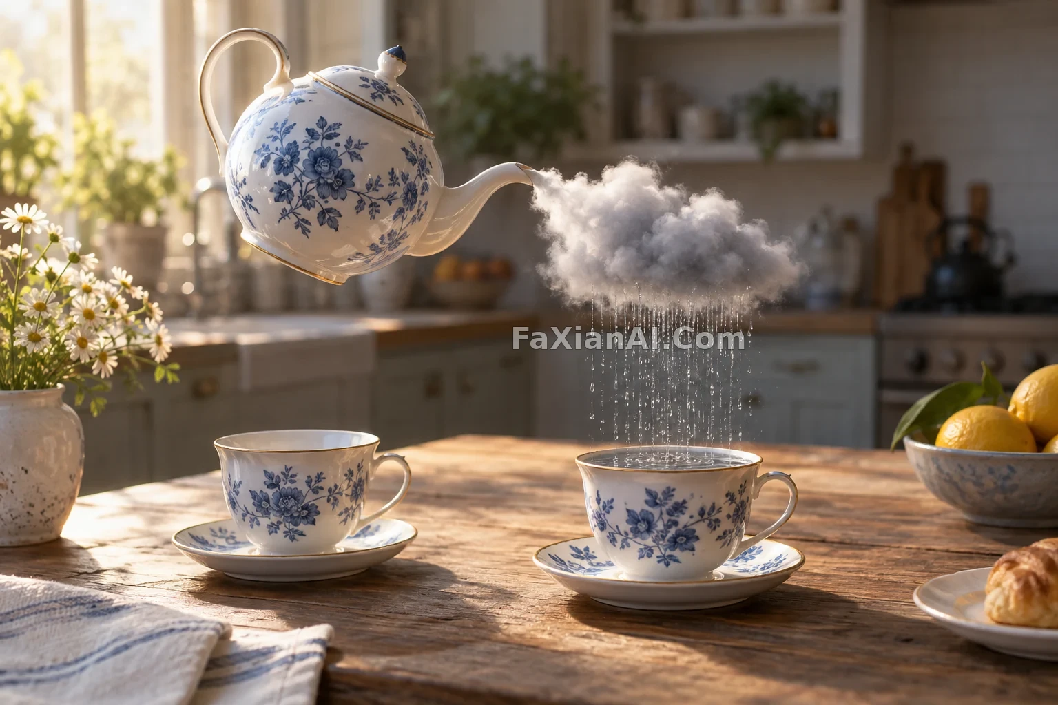 茶壶里缓慢溢出一朵雨云 · GPT Image 2.5 成图