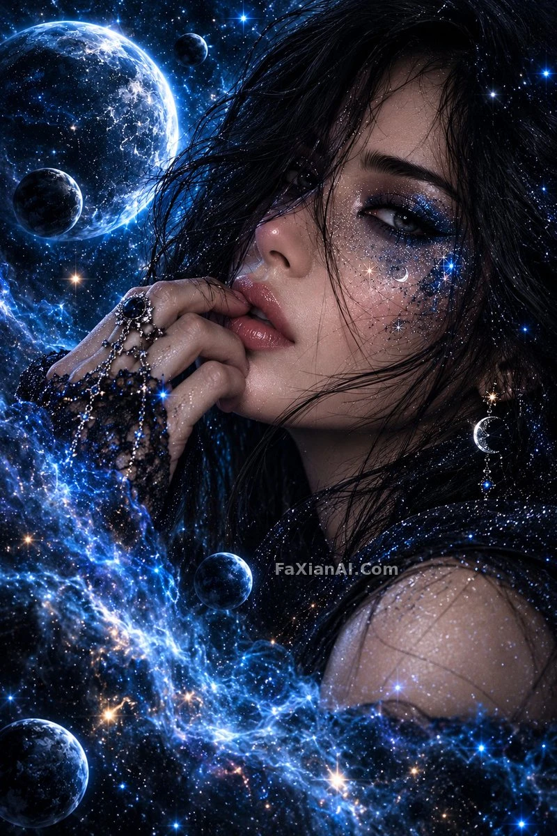 深蓝星云里的一对男女