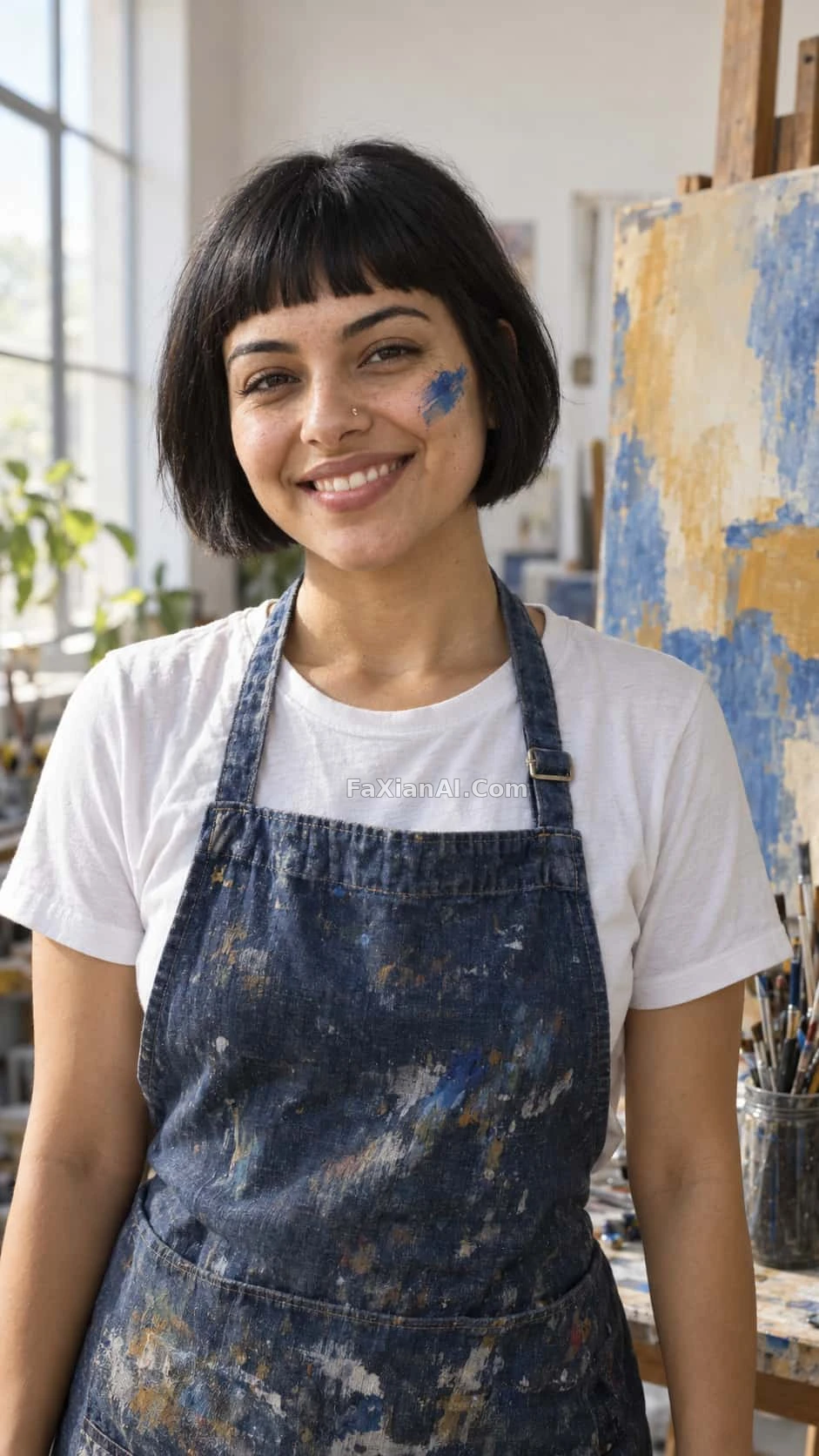 絵の具が飛び散ったエプロンの、黒のショートヘアの女性画家