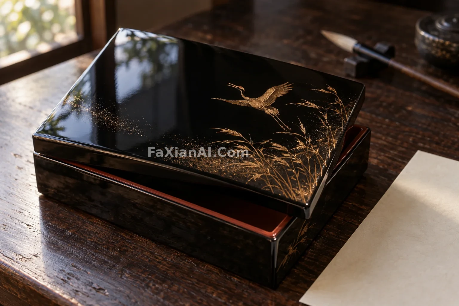 黑漆文盒上的金粉鹤影 · GPT Image 2.5 成图