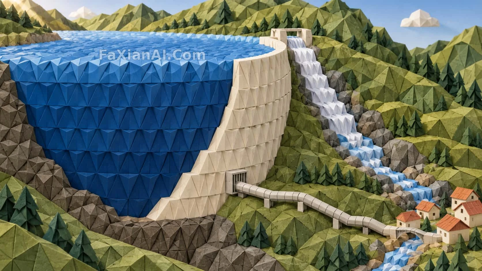 Folded-Paper Reservoir Cutaway, Paper Water Over Village Roofs