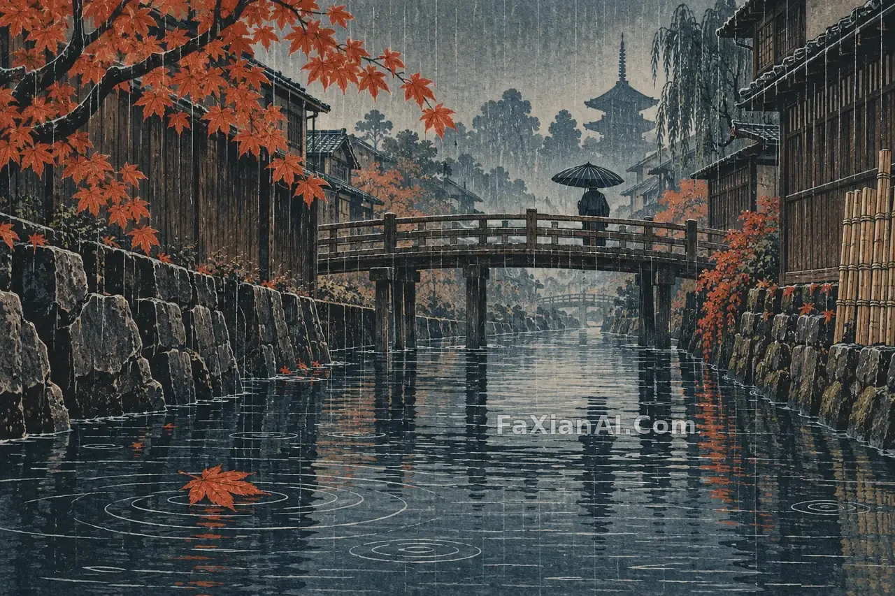秋雨运河浮世绘木版画