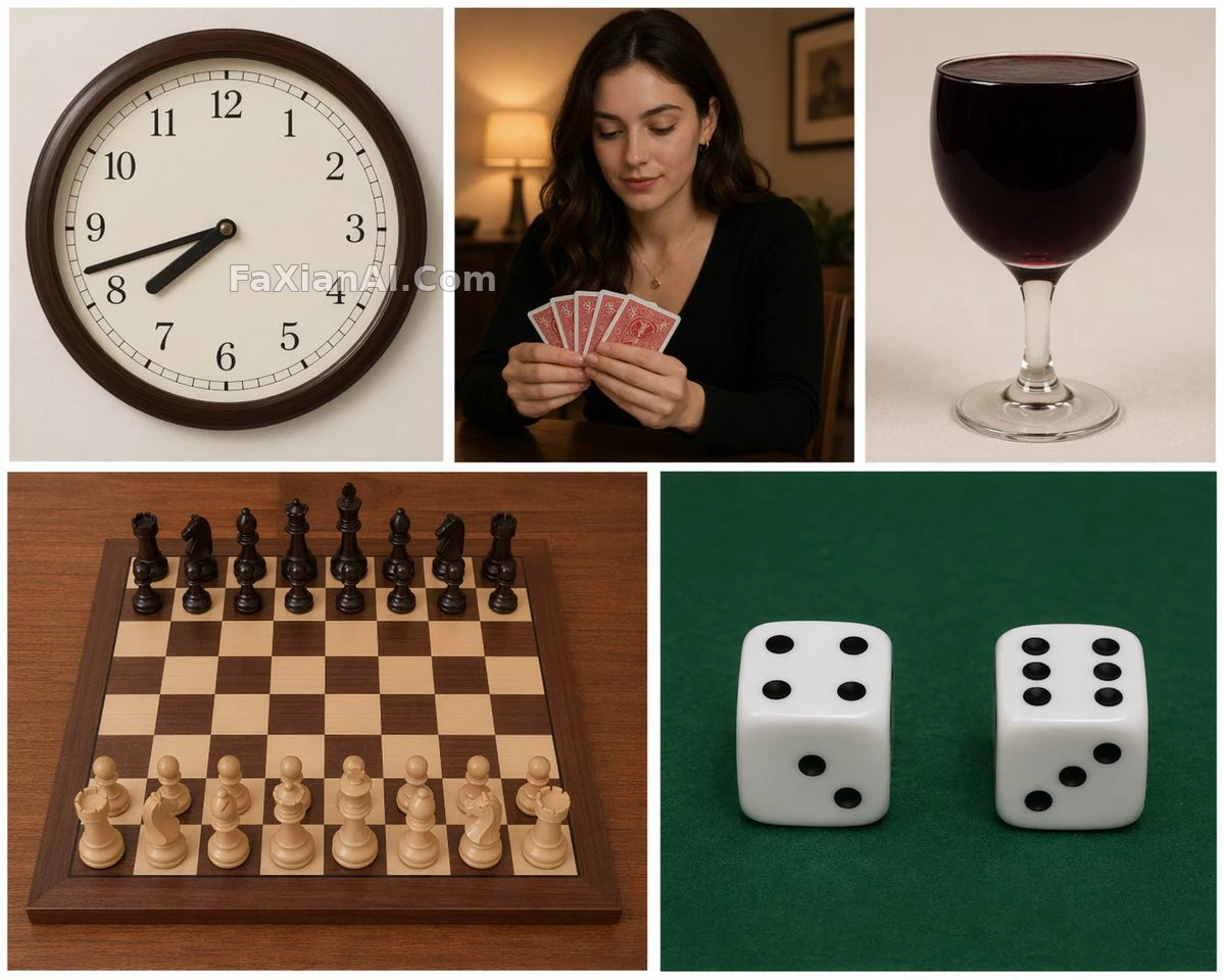 五格验货：时钟、酒杯、棋盘和骰子 · GPT Image 2 成图
