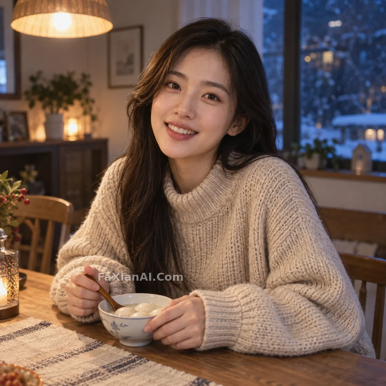 동지의 작은 탕위안 그릇과 베이지 니트｜Nano Banana 2.5 프리뷰