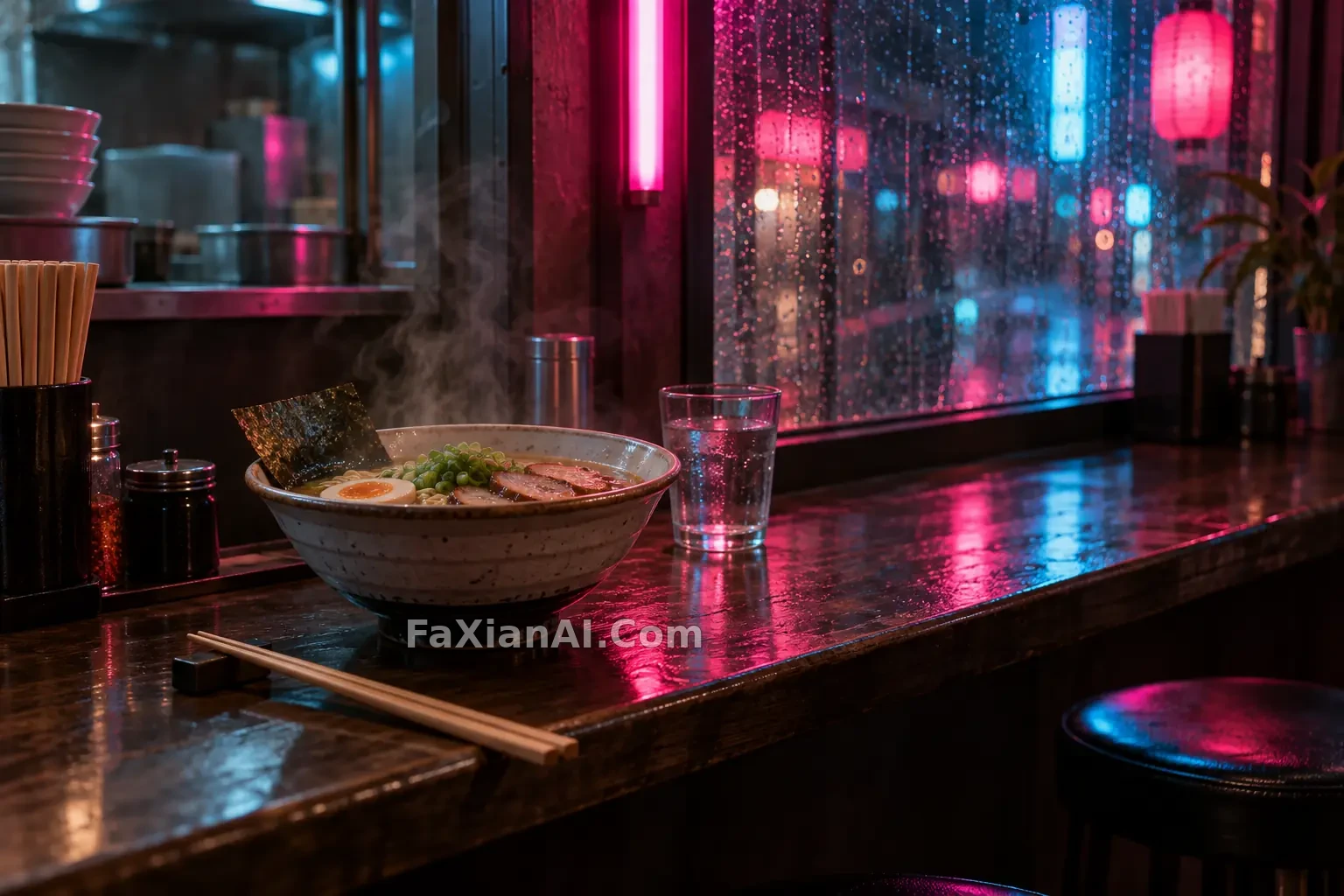 霓虹面馆窗边的夜宵静物