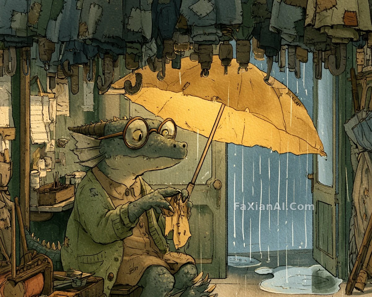 暴雨小店里补伞的老龙