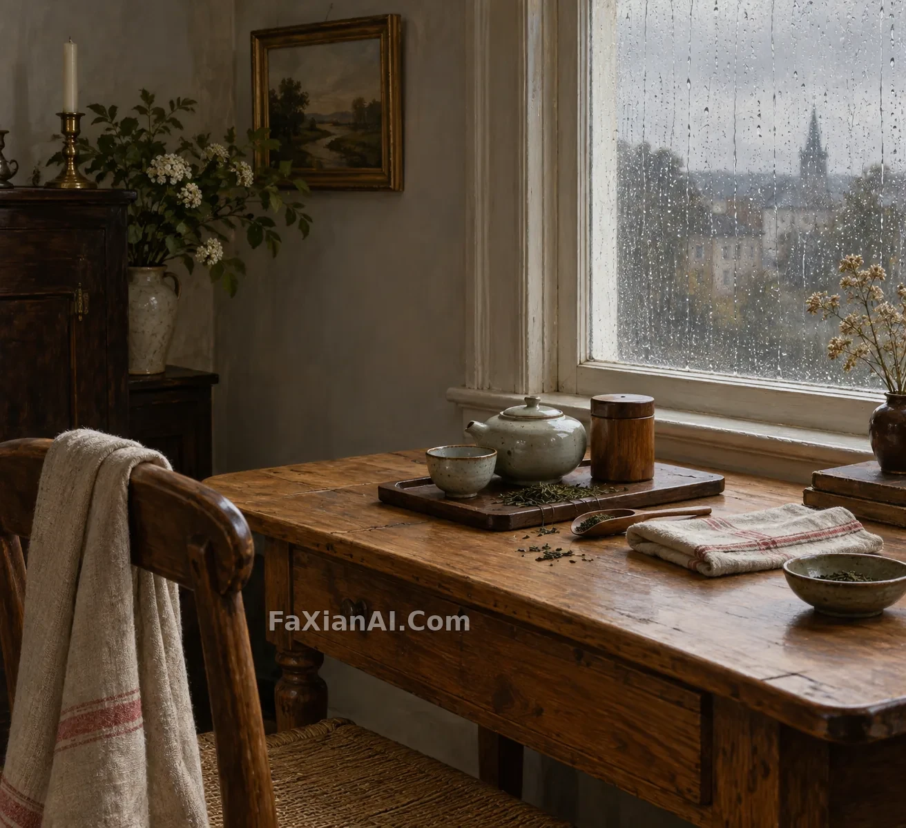 An Unfinished Tea Table Beside Rain