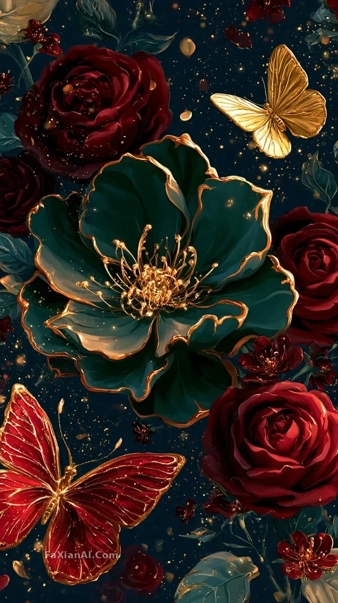 暗夜深蓝里的宝石色花与金属蝶