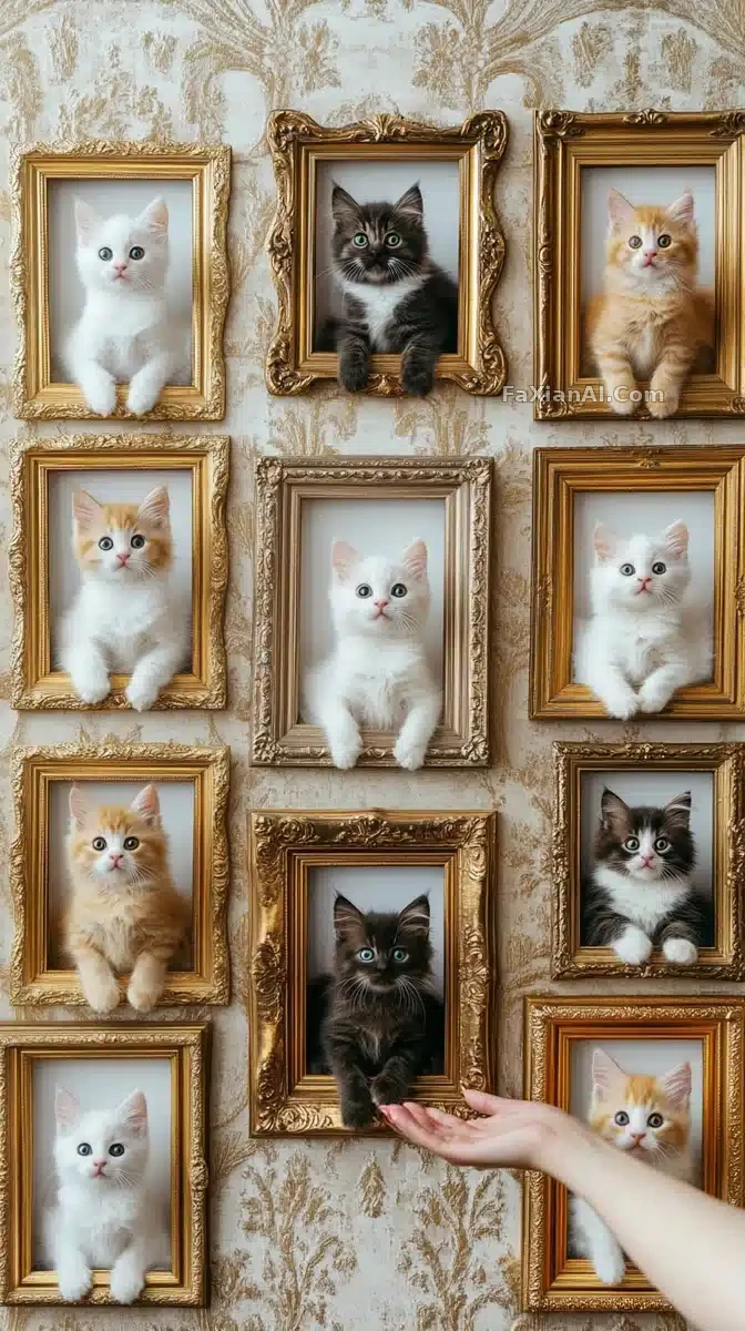 满墙金框里蹲着各色小猫