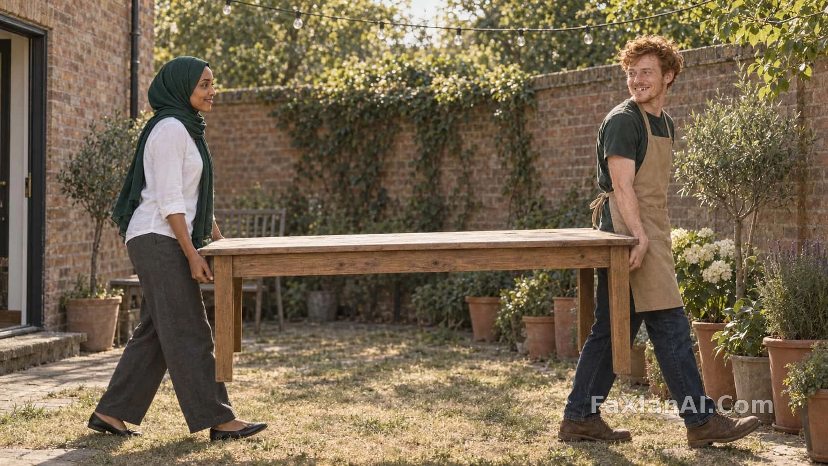 Two Neighbours Carrying a Long Wooden Table Through a Brick Courtyard
