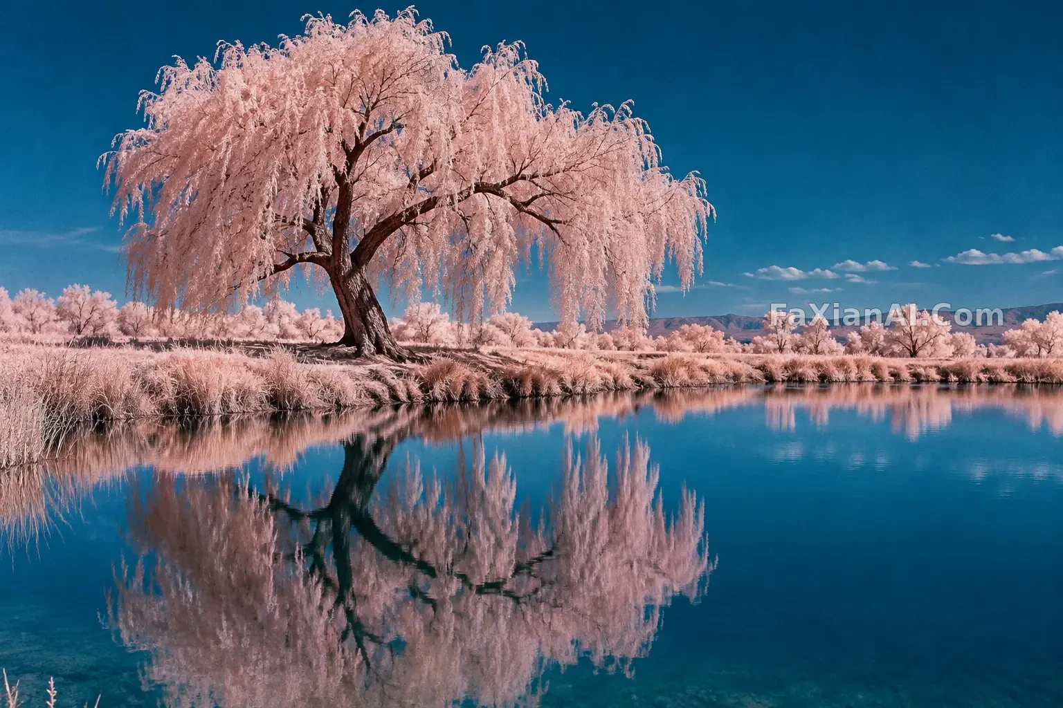 粉白柳叶映进青色水面 · GPT Image 2.5 成图