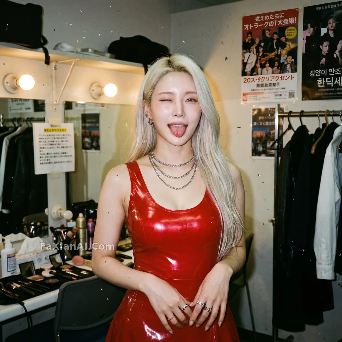 백스테이지 분장실, 장난스레 혀 내민 순간