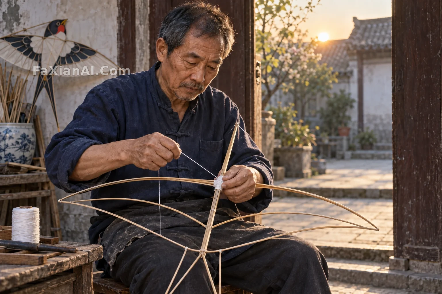 연 만드는 이가 아침을 실 한 가닥으로 당기다