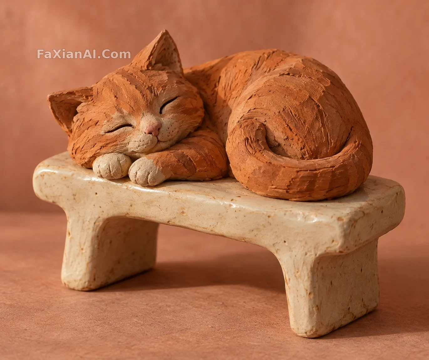 A Terracotta Cat on a Ceramic Bench