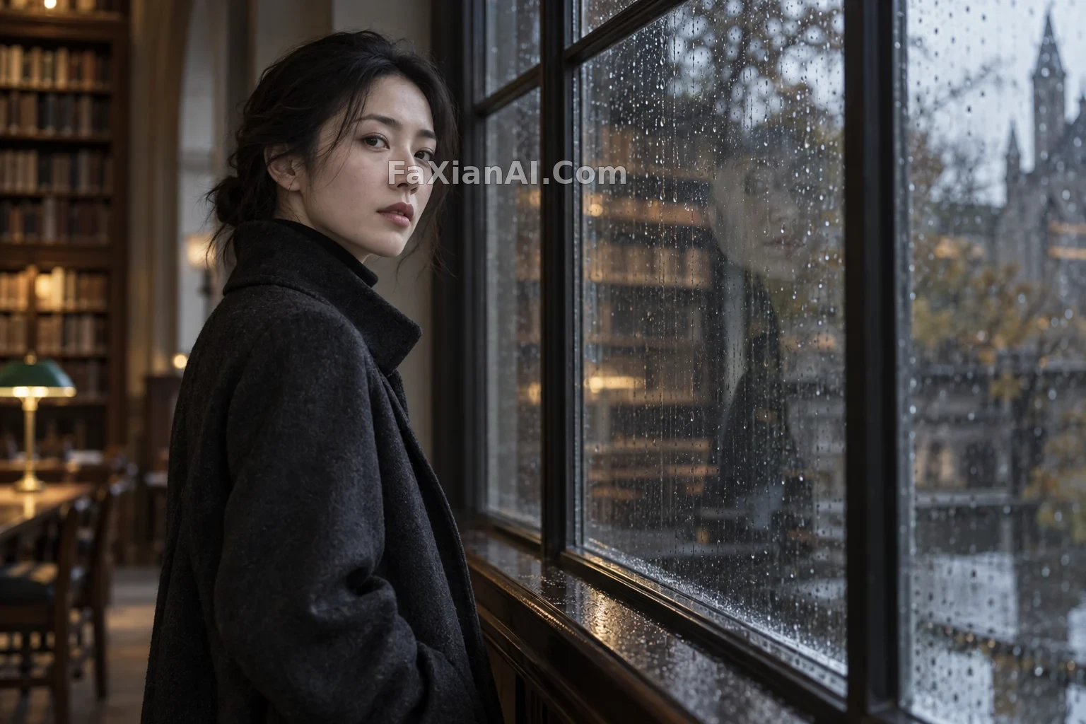 비 내린 창가의 도서관 옆모습, 약간의 경계심을 남기다