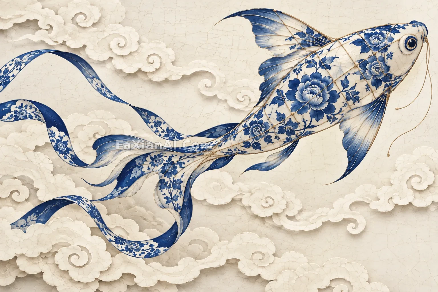 青花风筝鱼穿过纸云