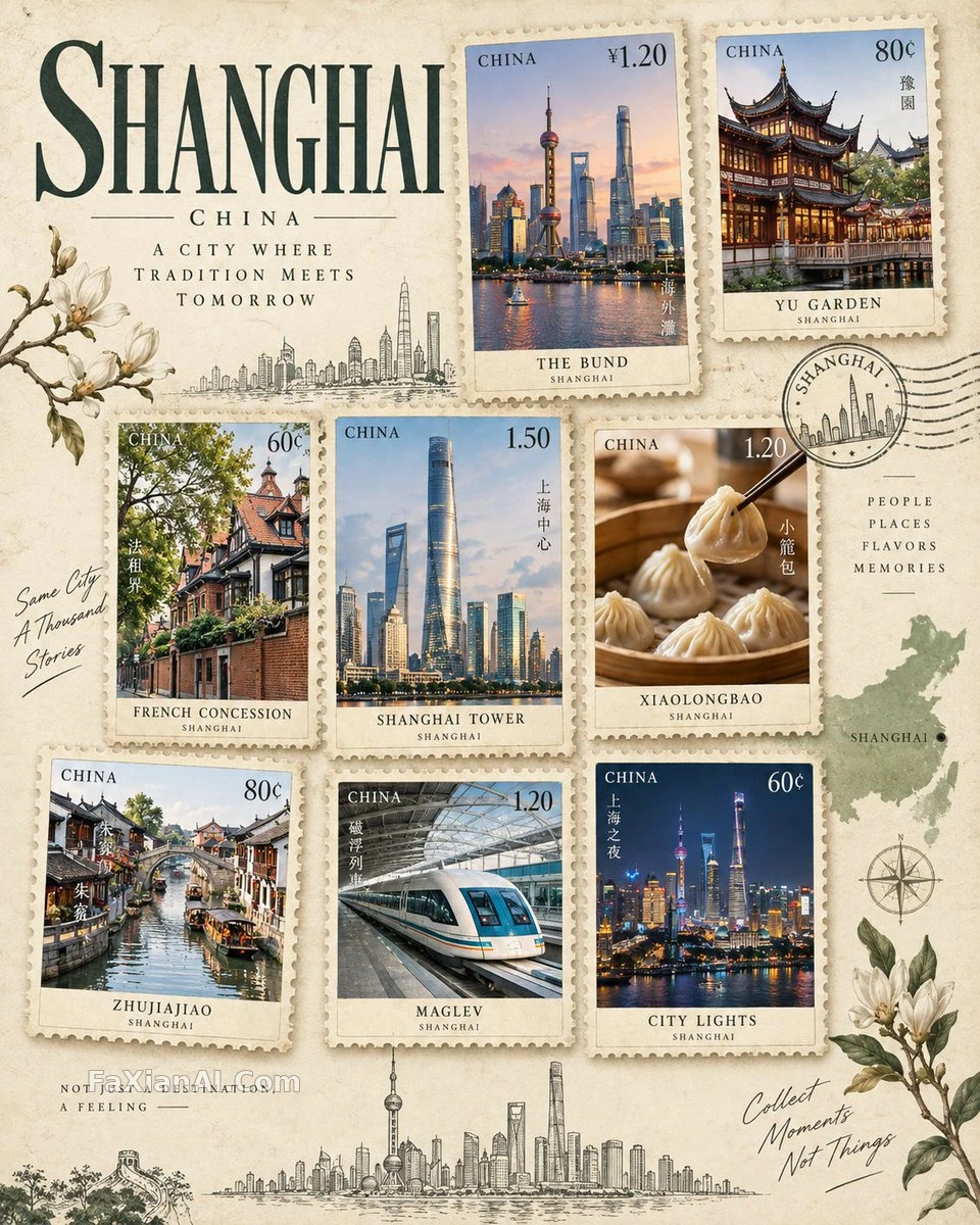 邮票拼贴，直接封神的旅行海报