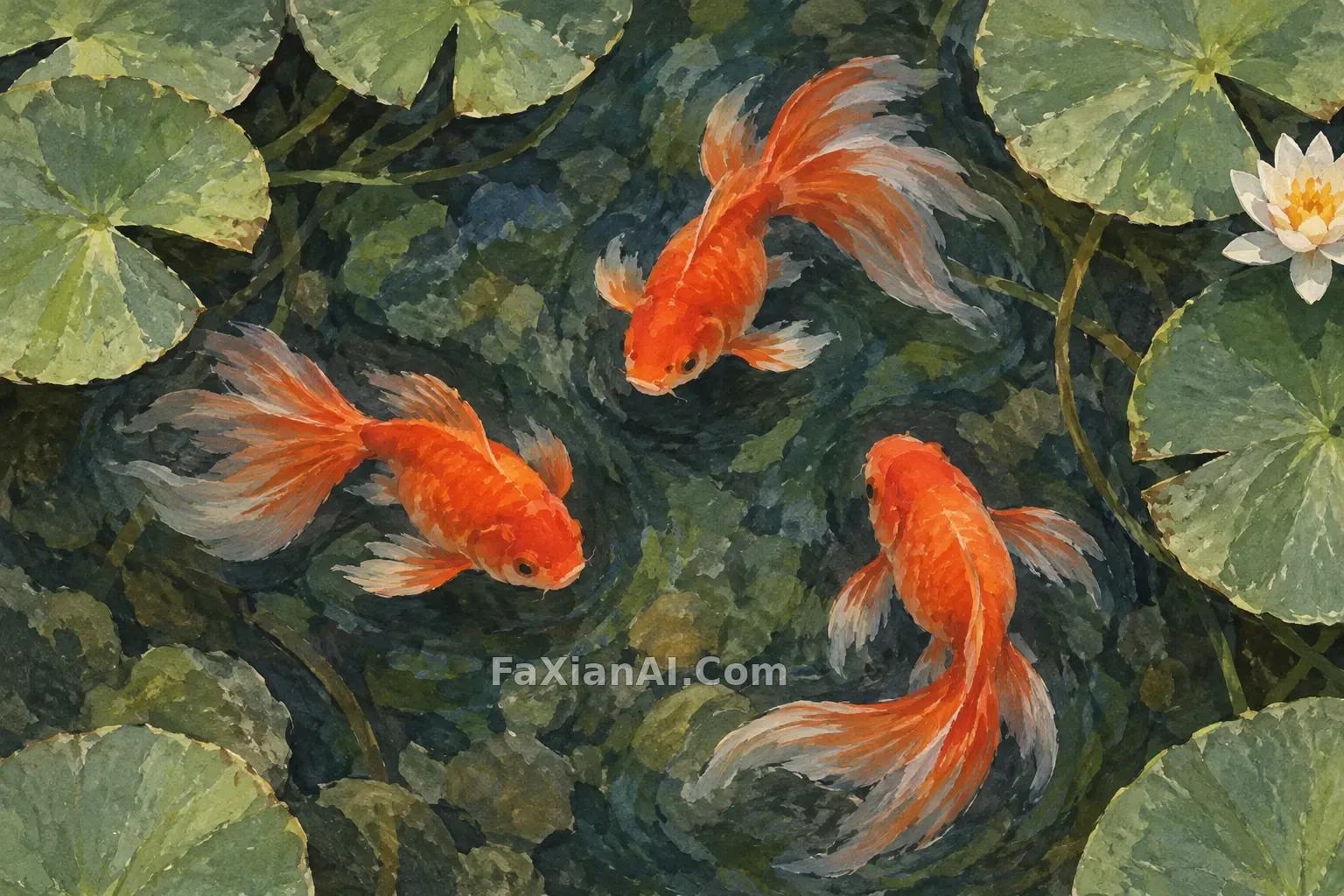 水粉池塘里的金鱼巡游 · GPT Image 2.5 成图