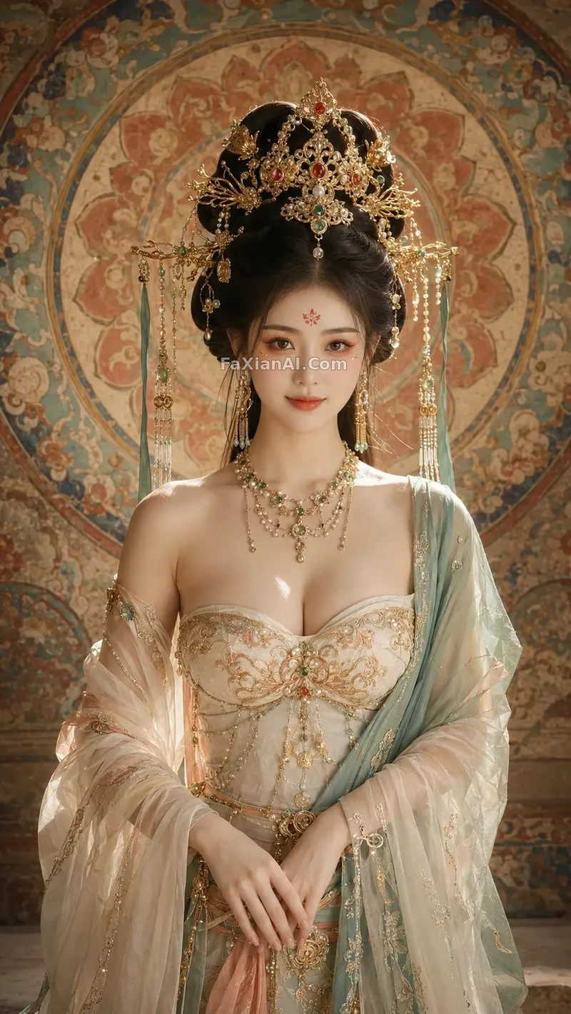 둔황 화관 대칭 인물, 또렷한 쇄골 라인