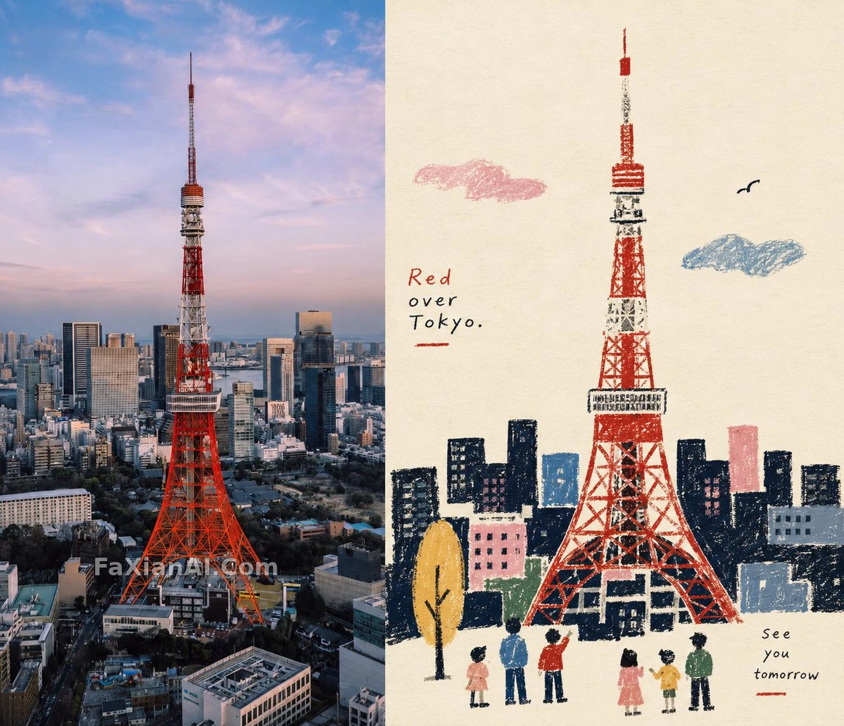 Magazine-Graded Photo vs. Crayon Folk Illustration, Top and Bottom