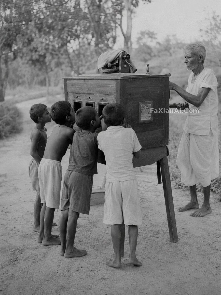 Village Bioscope Box, Children Crowded at the Peepholes