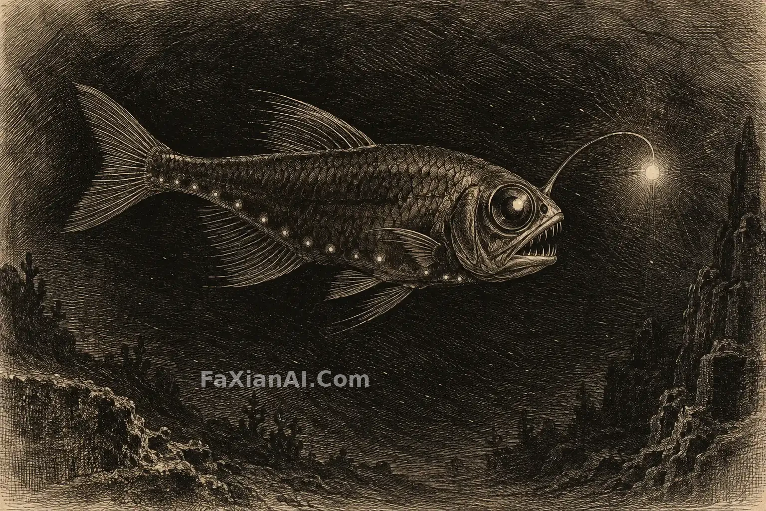 灯笼鱼游过铜版蚀刻的深海 · GPT Image 2.5 成图