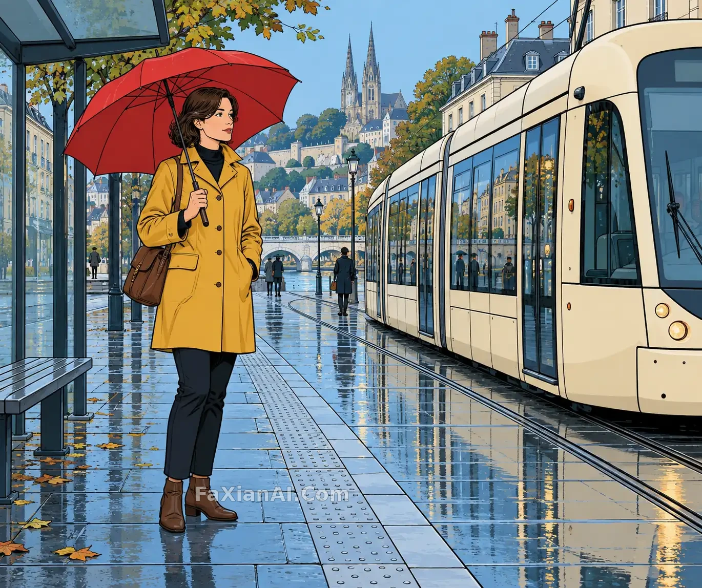 A Red Umbrella at the Tram Stop