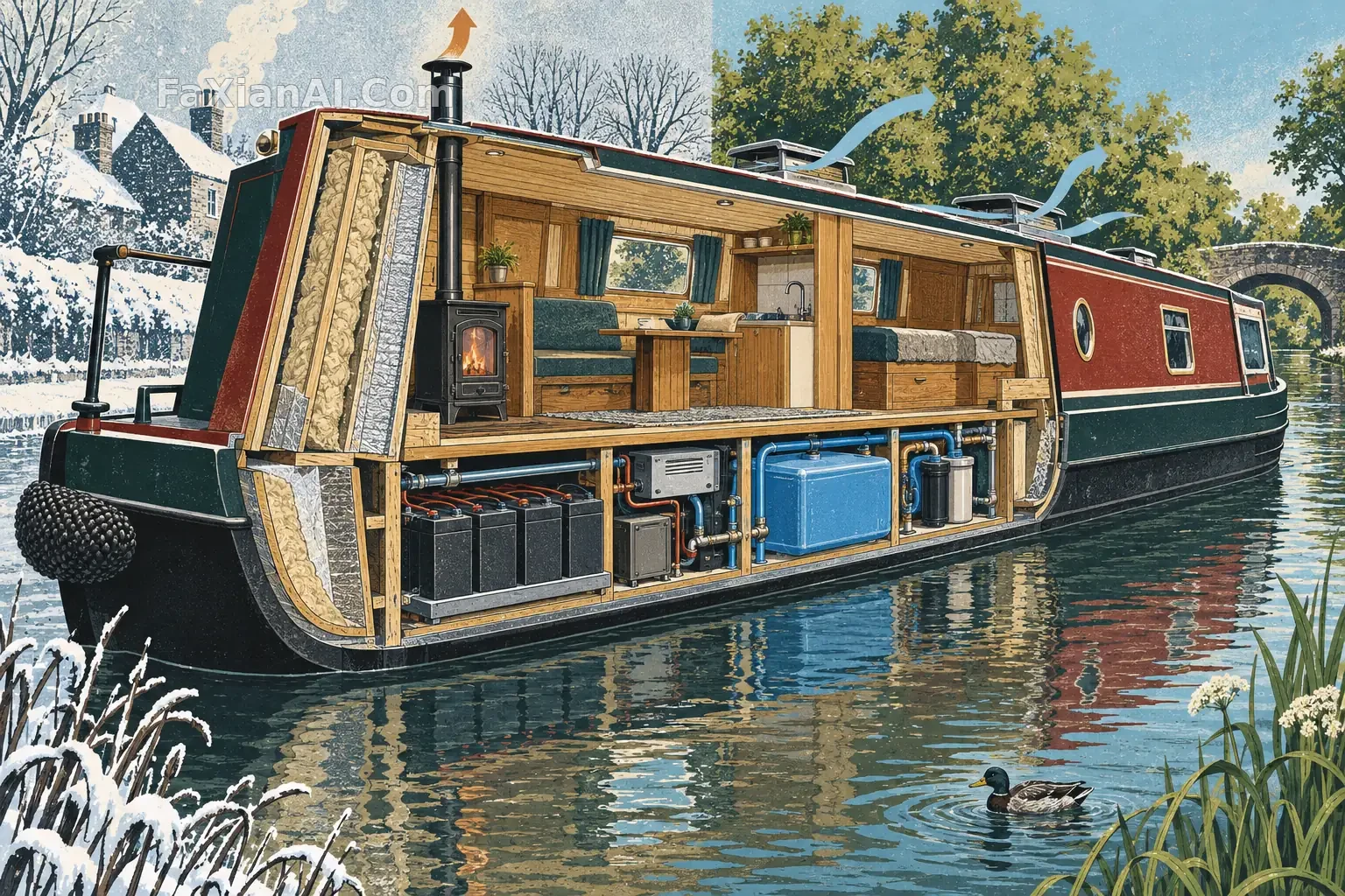 运河船屋的冬夏剖面 · GPT Image 2.5 成图