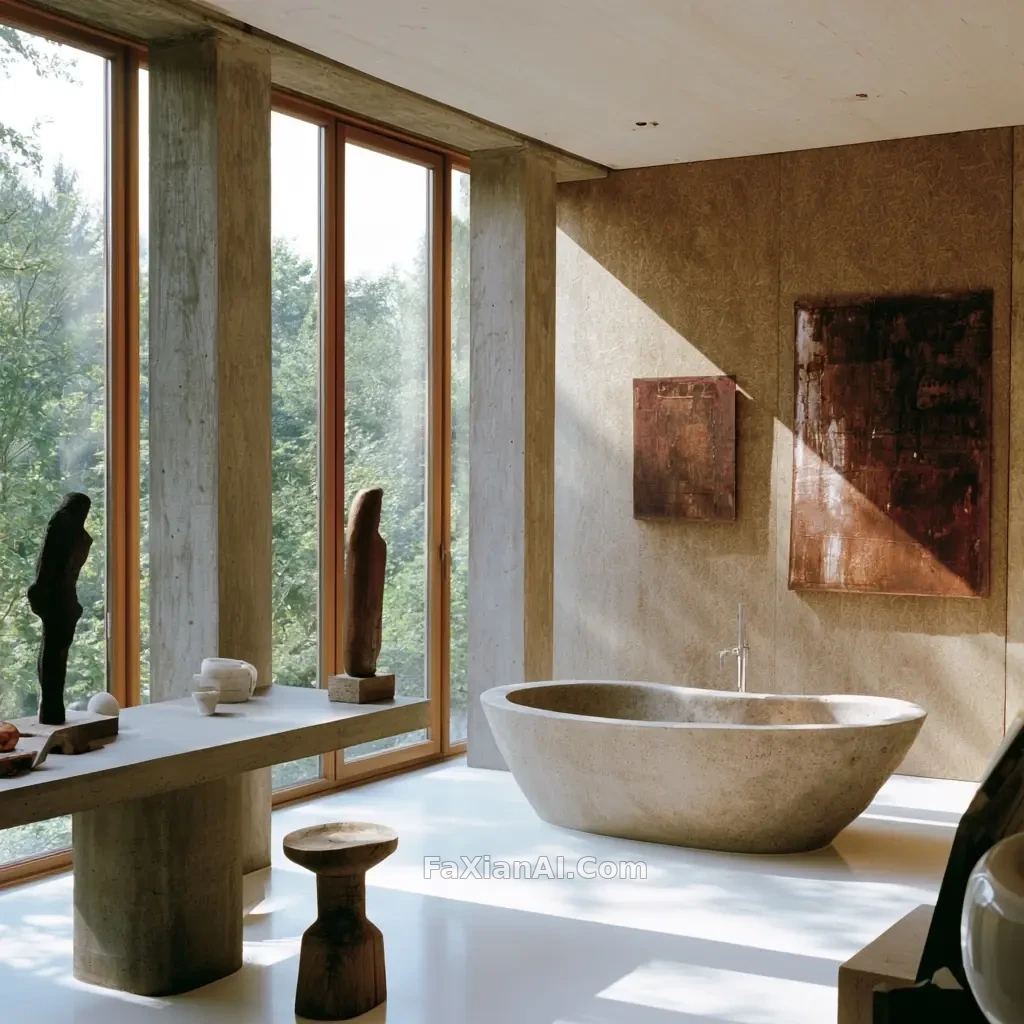 Concrete and Pine Bathroom with Floor-to-Ceiling Windows