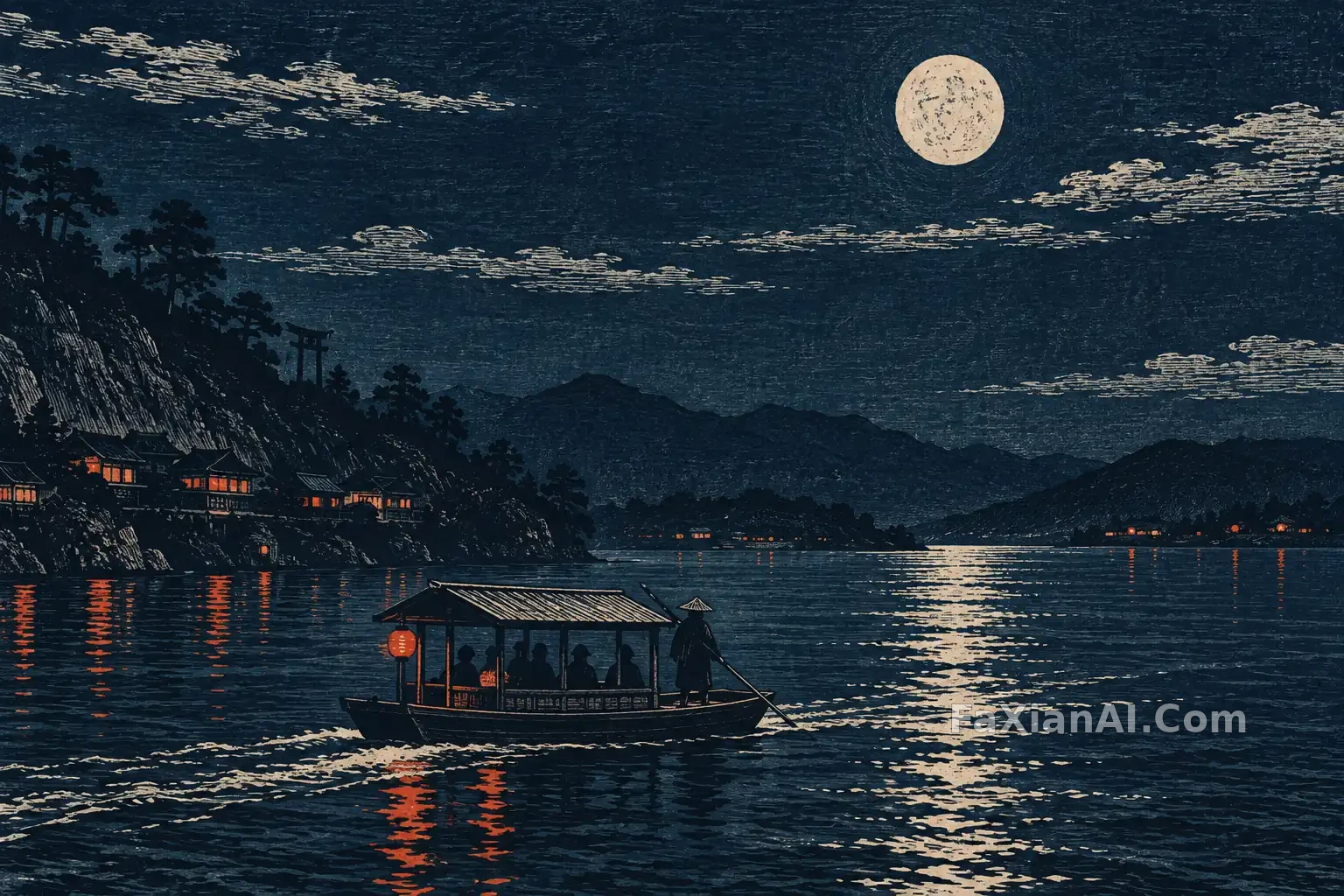 传统印刷质感的夜航渡船 · GPT Image 2.5 成图