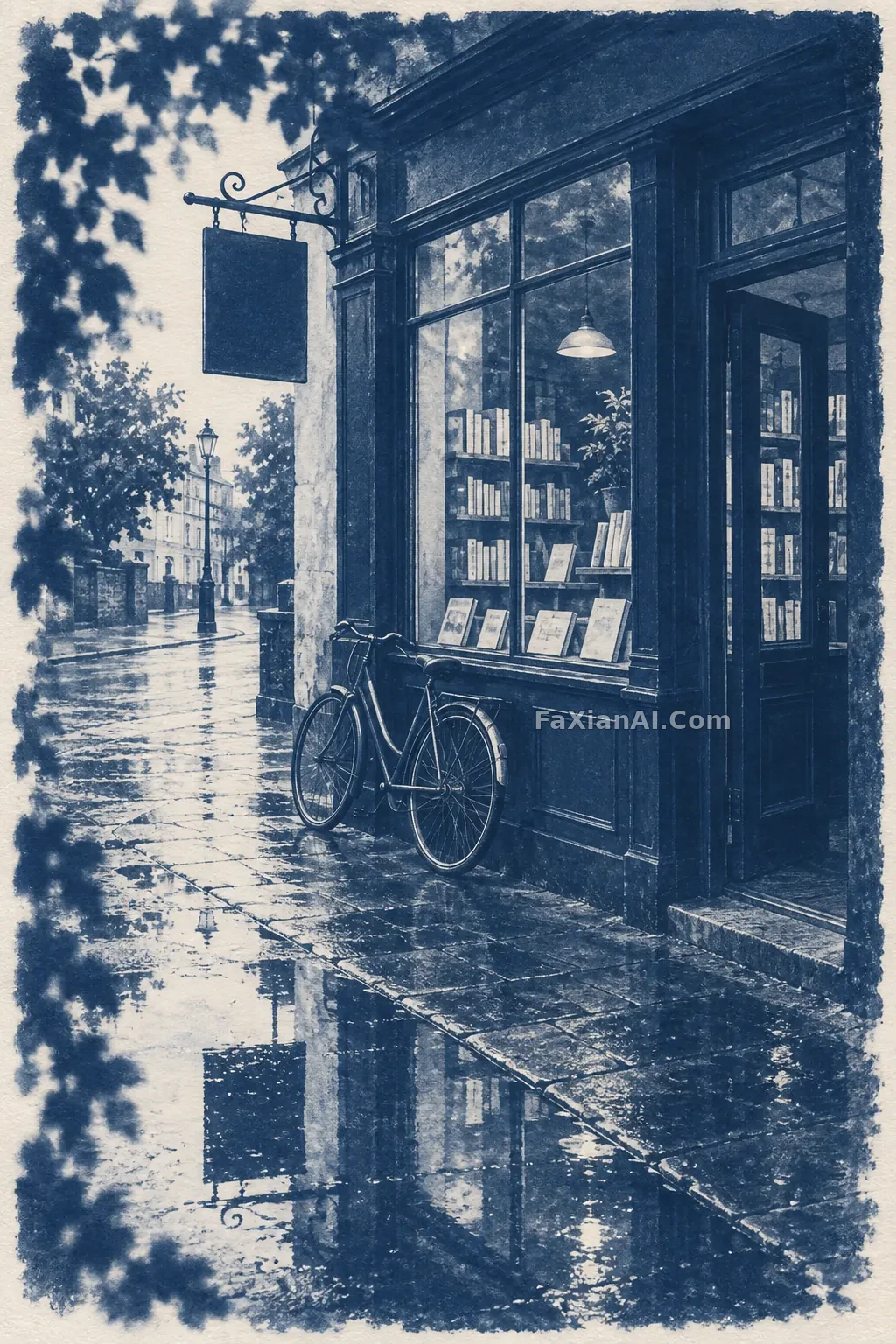 雨上がりの書店を、プルシアンブルーに残す