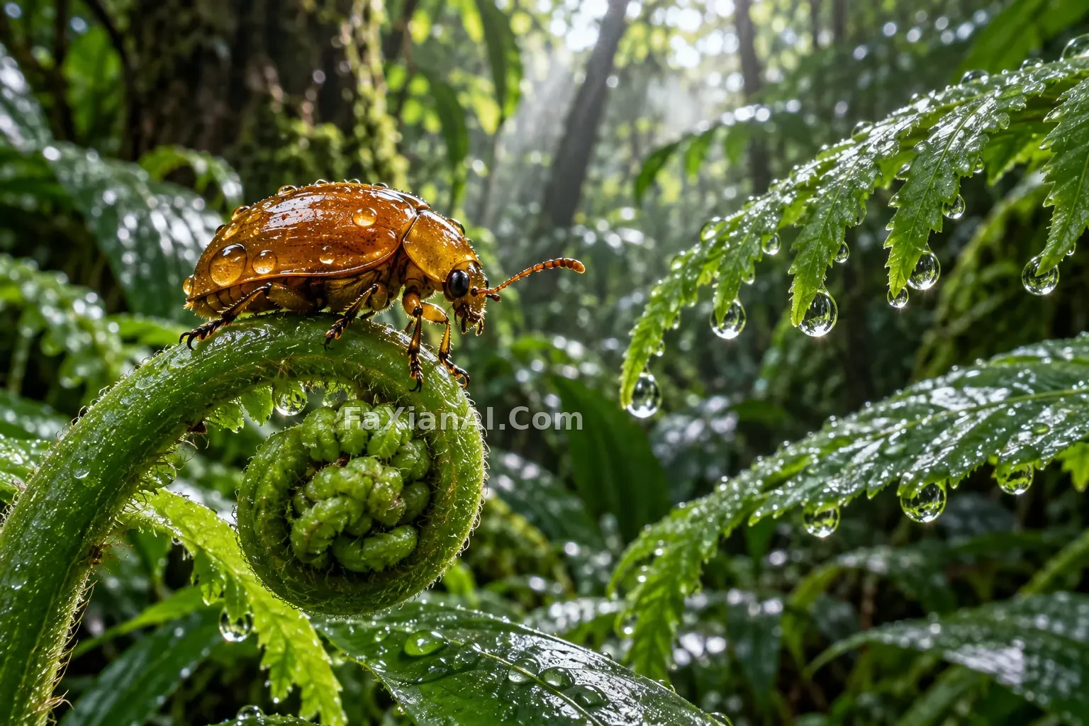 雨林蕨叶上的琥珀甲虫 · GPT Image 2.5 成图
