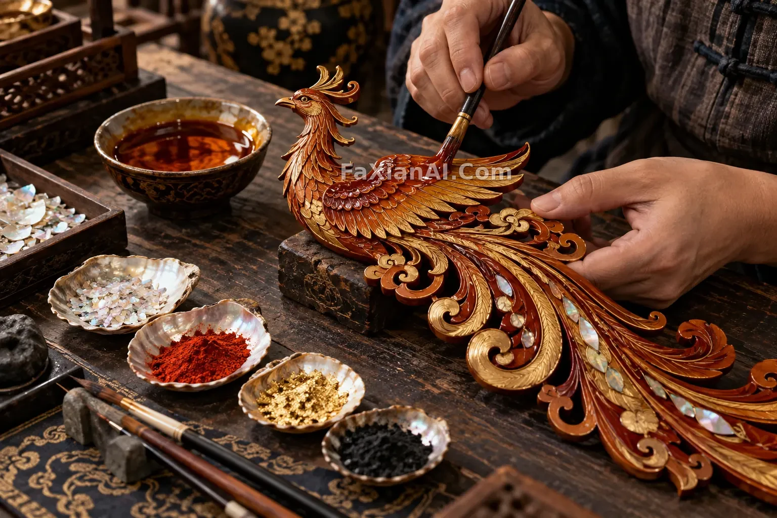 호박빛 옻칠이 봉황 목조 위에서 서서히 빛나다