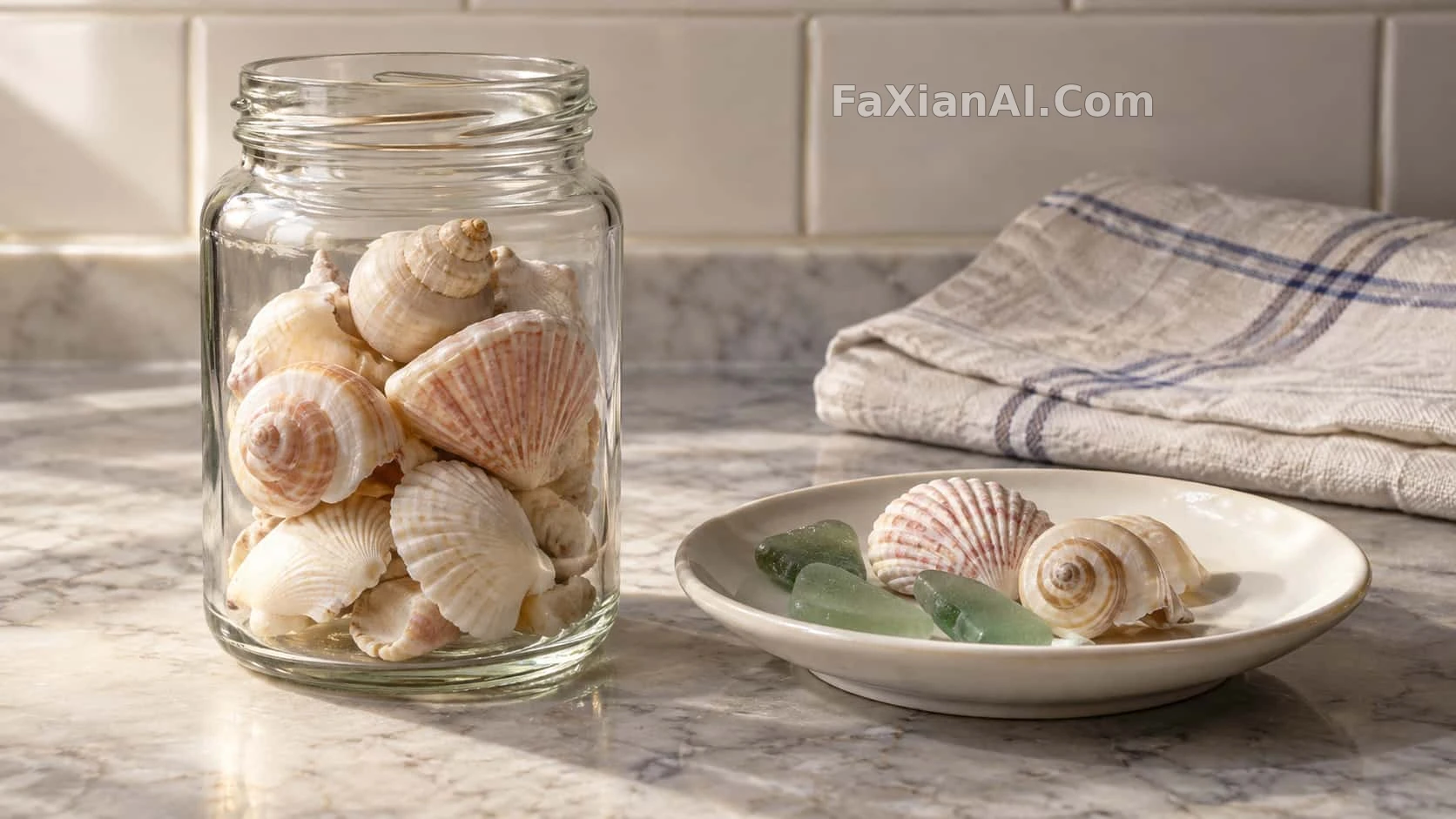 A Glass Jar Packed with Small Shells from the Beach
