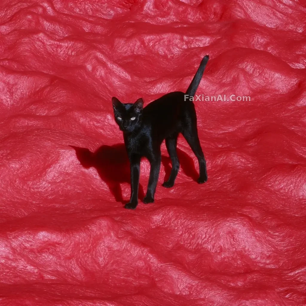 人間の肌の地面に立つ黒猫