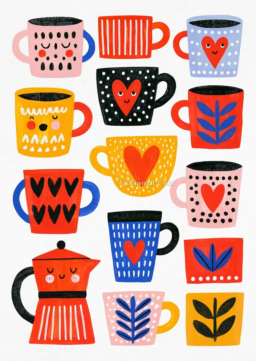 Bold-Line Collage of Mugs and a French Press