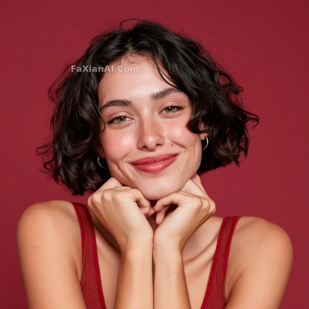 深红背景前双手托颌的梨涡女孩 · Midjourney 成图