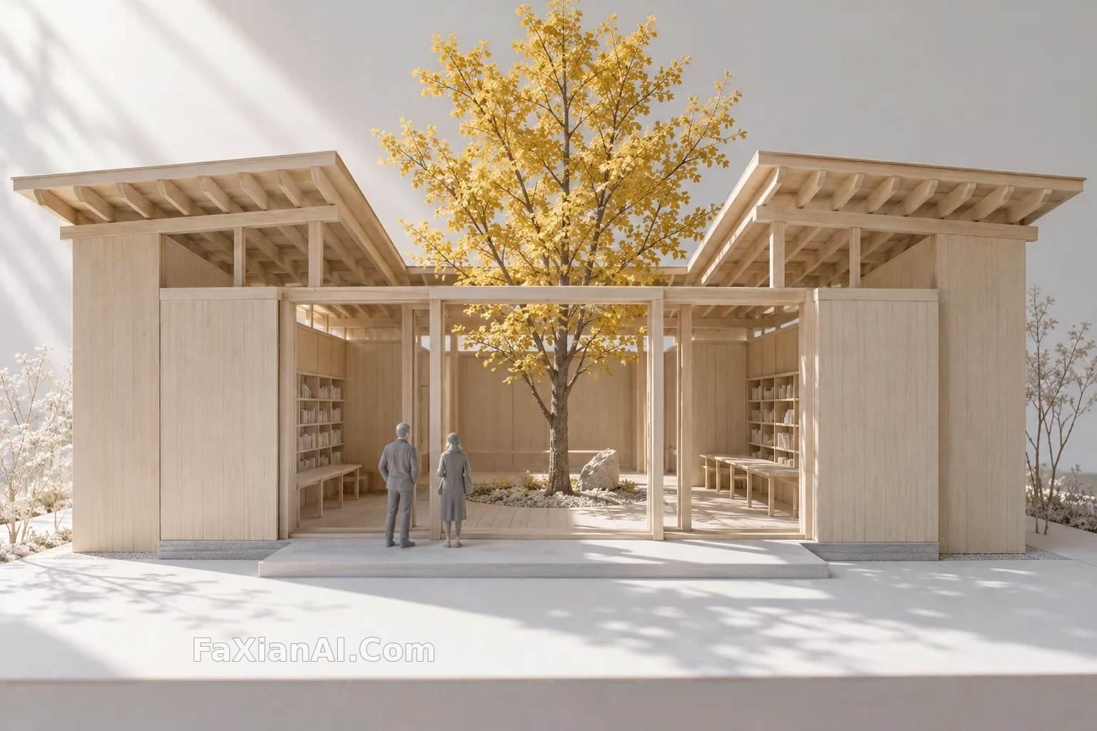 Two Figures Give a Courtyard Reading Pavilion Its Scale