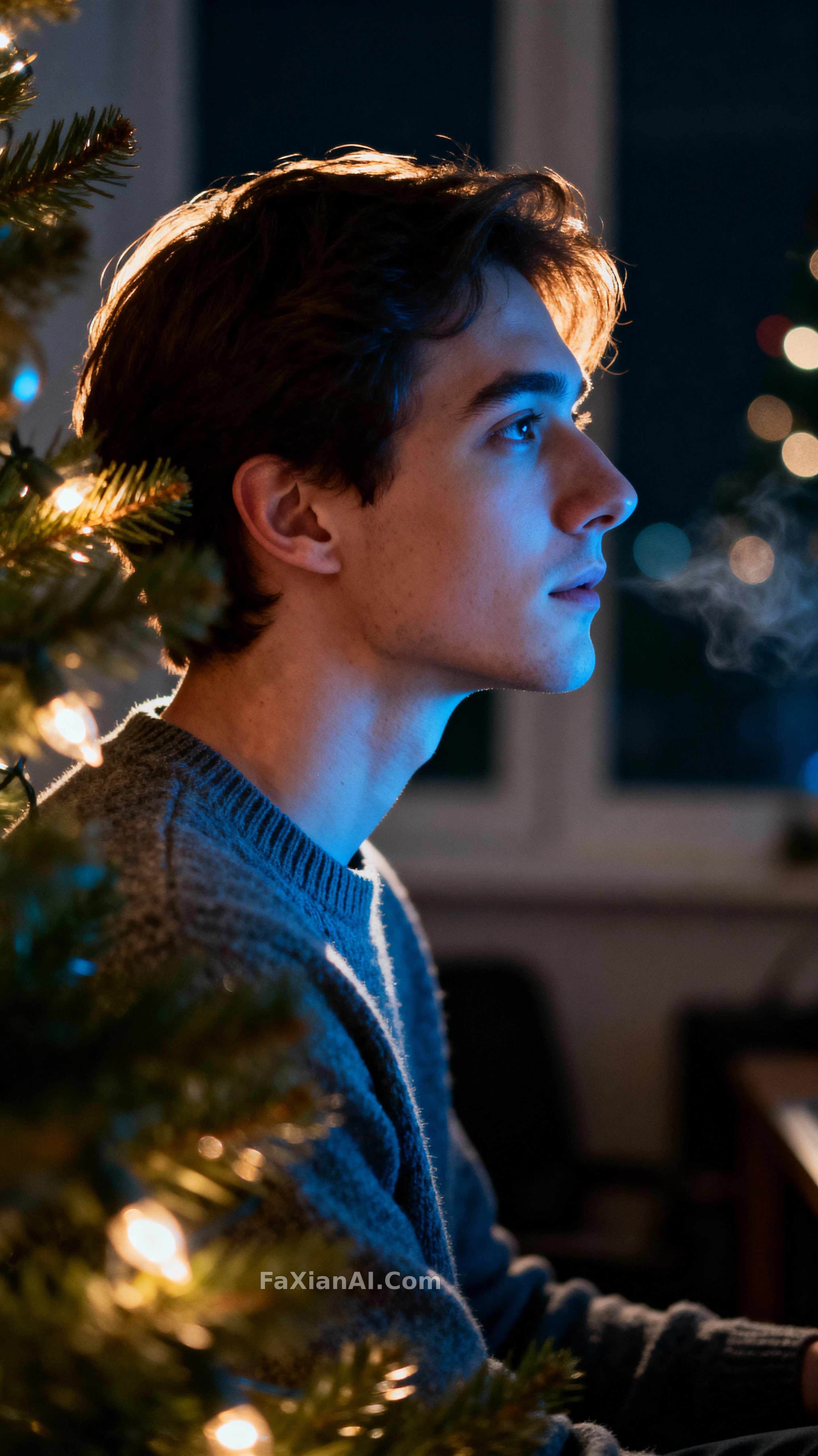 クリスマスツリーの暖色とモニターの冷色に挟まれた横顔