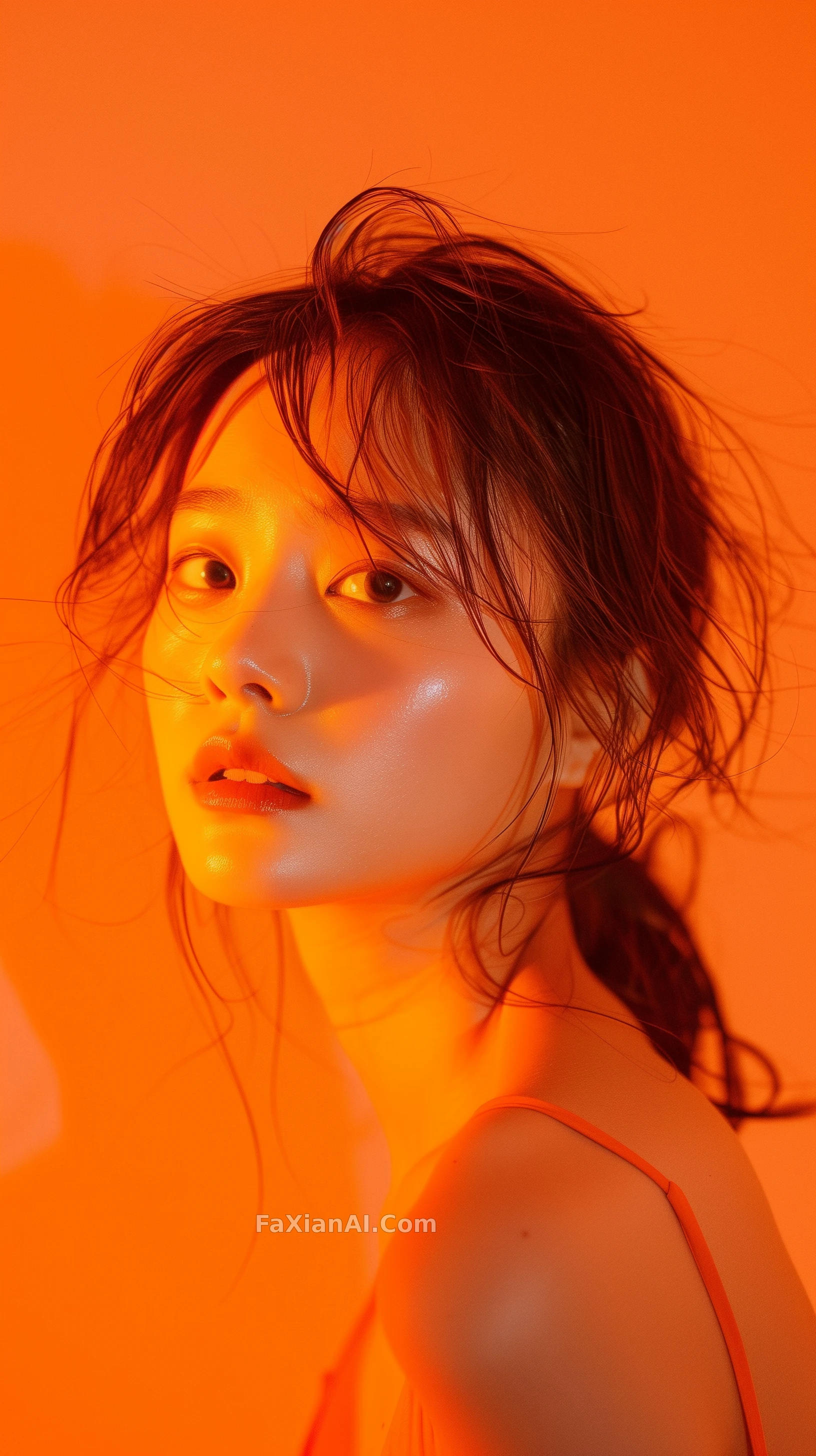 그녀는 온통 오렌지빛 숨결처럼 서 있다